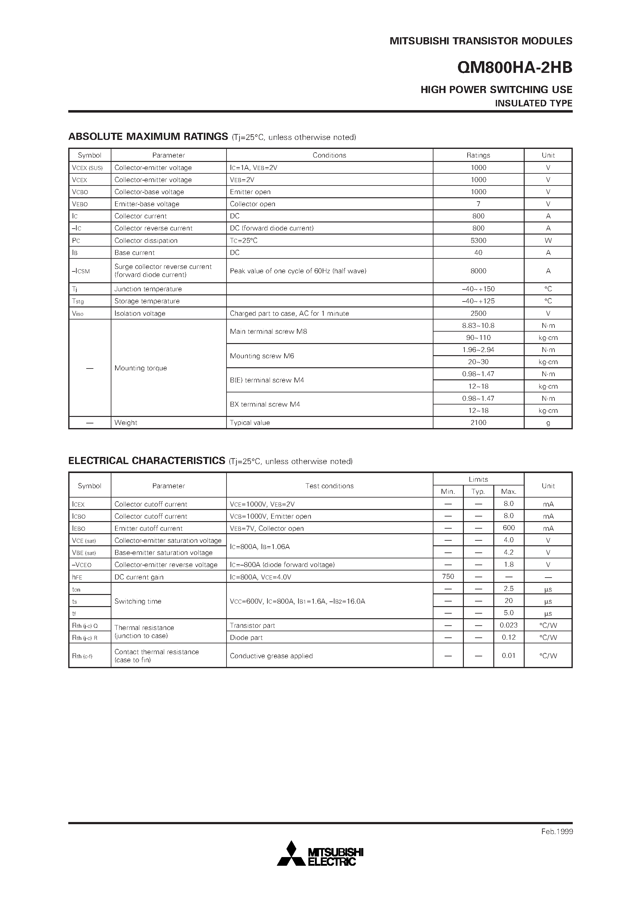 Datasheet QM800HA-2HB - HIGH POWER SWITCHING USE INSULATED TYPE page 2