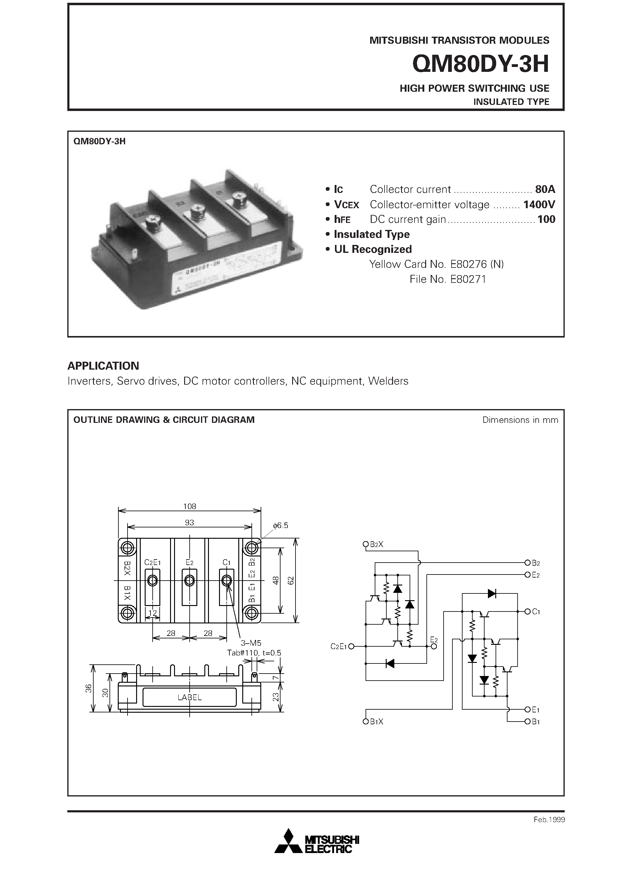 Datasheet QM80DY-3H - HIGH POWER SWITCHING USE INSULATED TYPE page 1
