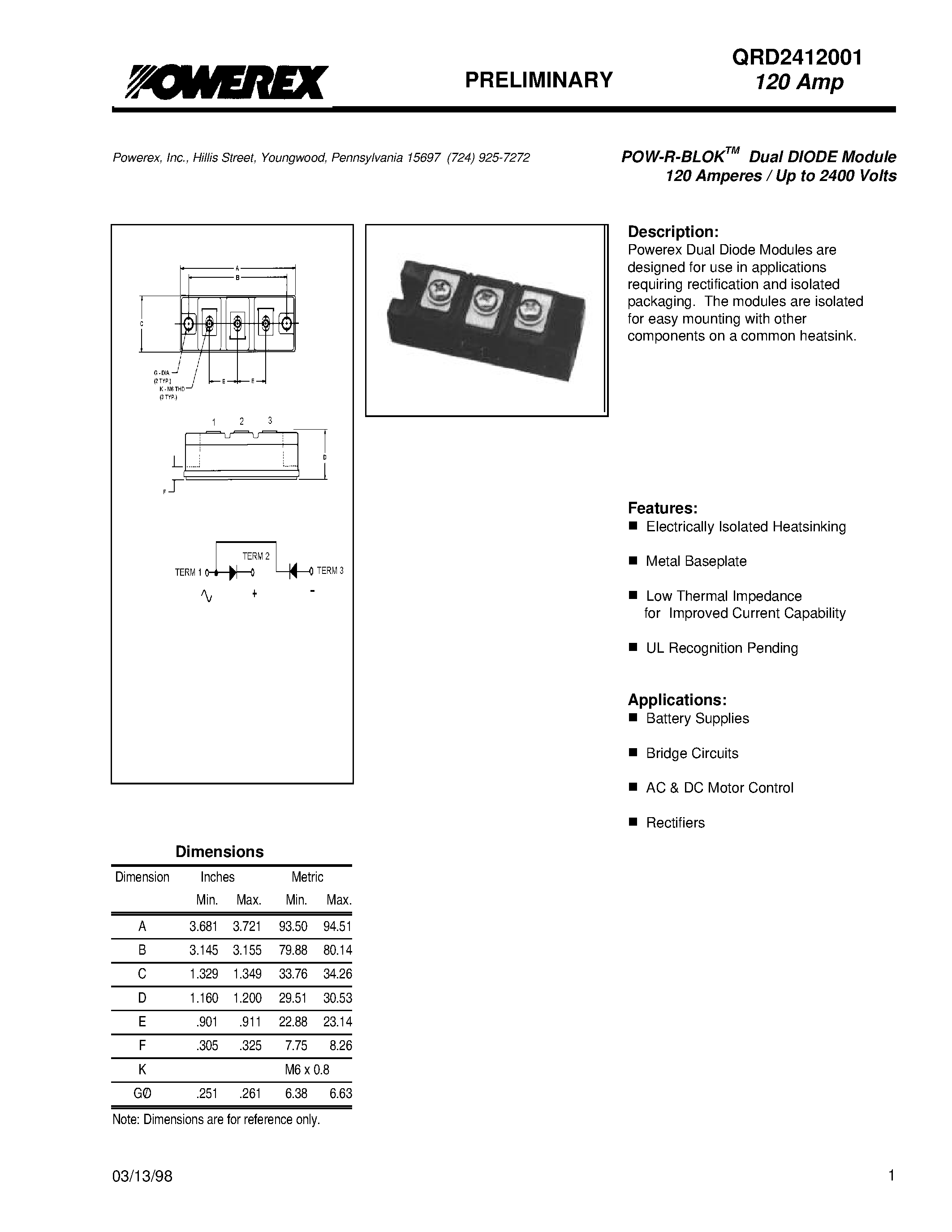 Даташит на микросхему QRD2412001 страница 1 Даташит QRD2412001 - POW-R-BLOK Dual DIODE Module (120 Amperes / Up to 2400 Volts) страница 1