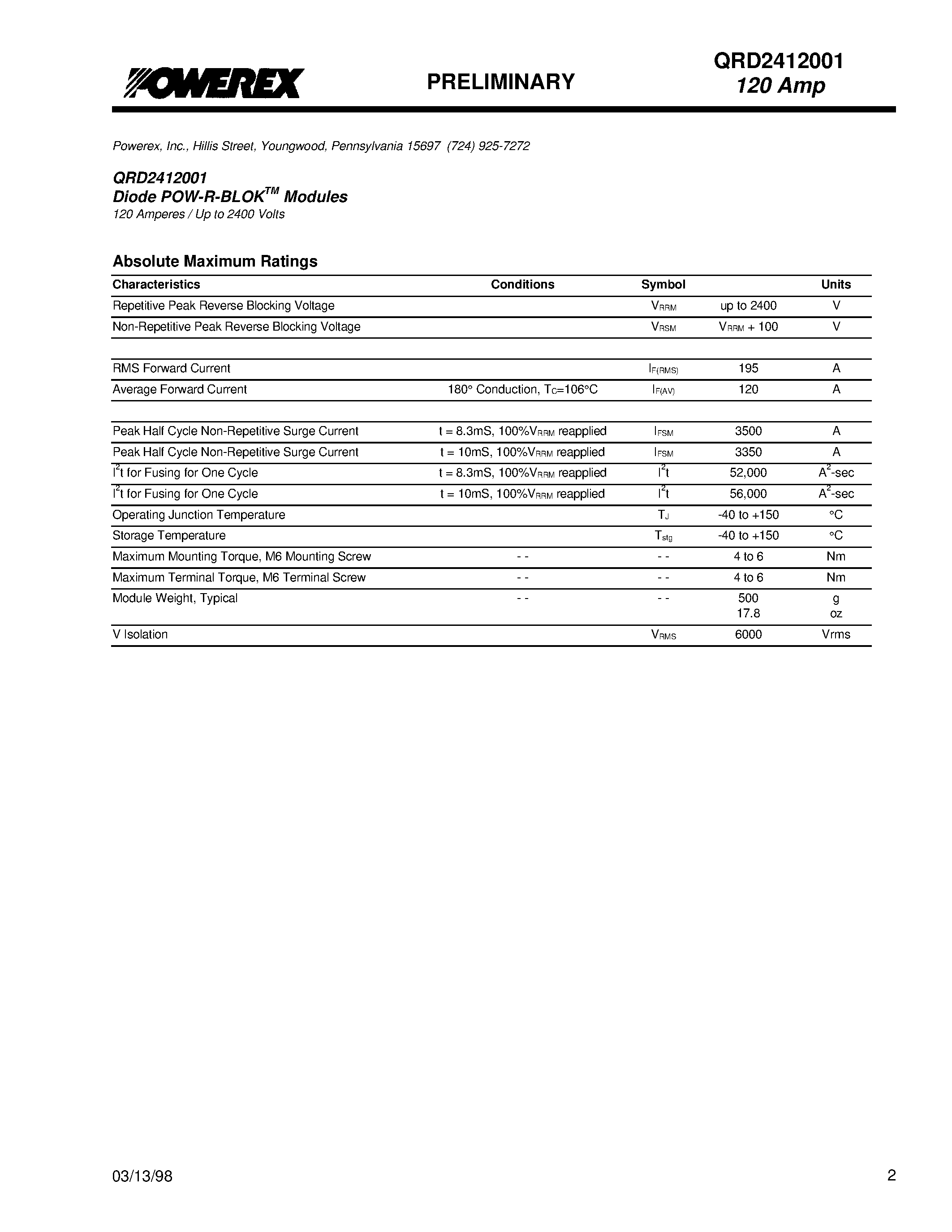 Даташит на микросхему QRD2412001 страница 2 Даташит QRD2412001 - POW-R-BLOK Dual DIODE Module (120 Amperes / Up to 2400 Volts) страница 2