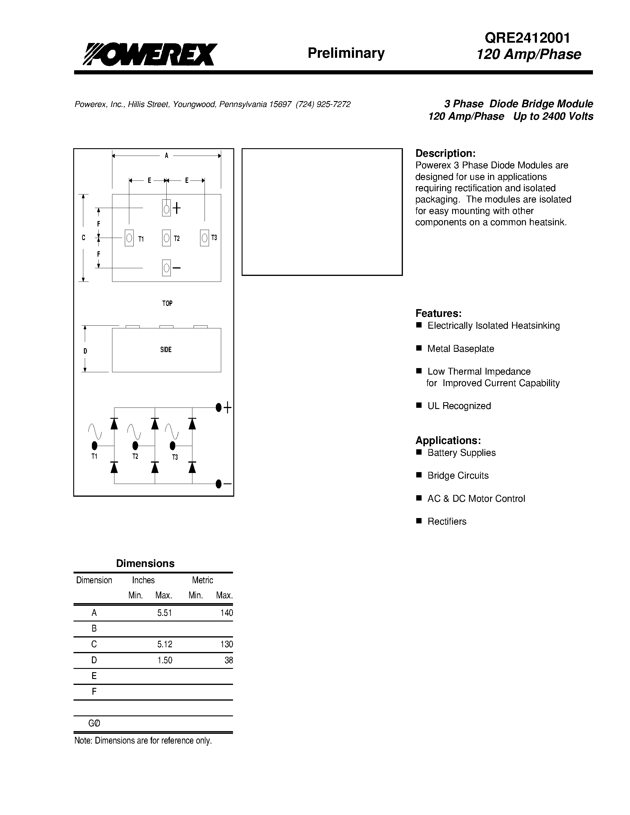 Datasheet QRE2412001 - 3 Phase Diode Bridge Module 120 Amp/Phase Up to 2400 Volts page 1