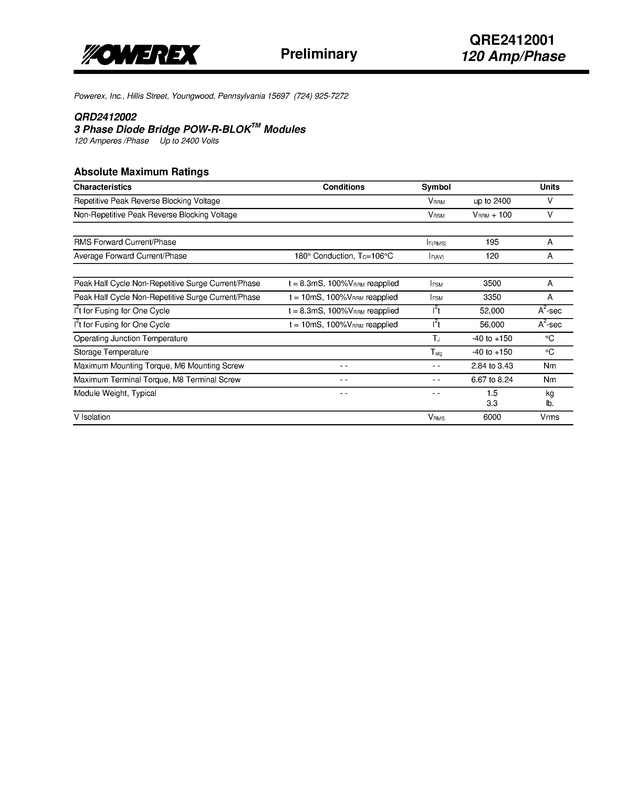 Datasheet QRE2412001 - 3 Phase Diode Bridge Module 120 Amp/Phase Up to 2400 Volts page 2
