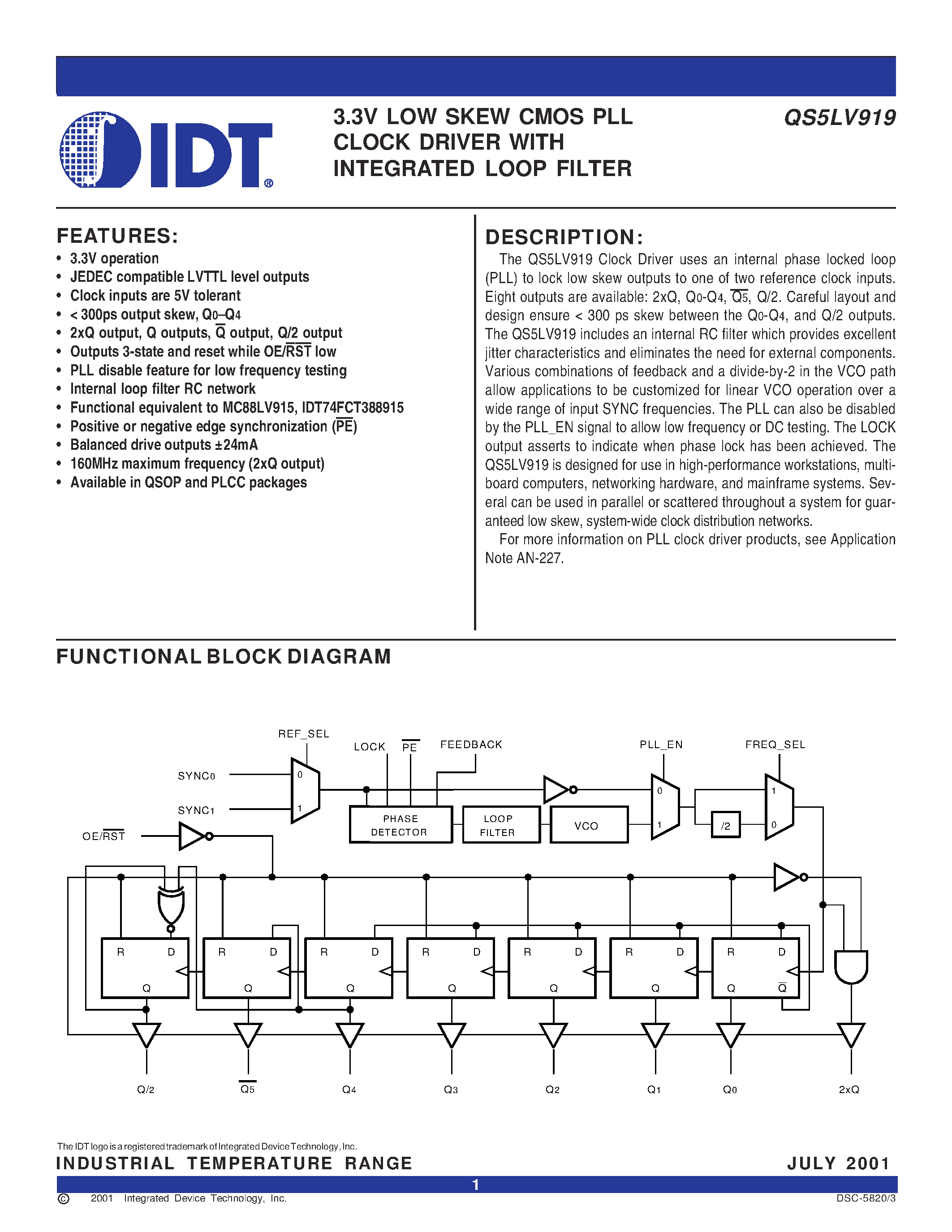 Datasheet QS5LV919160J - 3.3V LOW SKEW CMOS PLL CLOCK DRIVER WITH INTEGRATED LOOP FILTER page 1