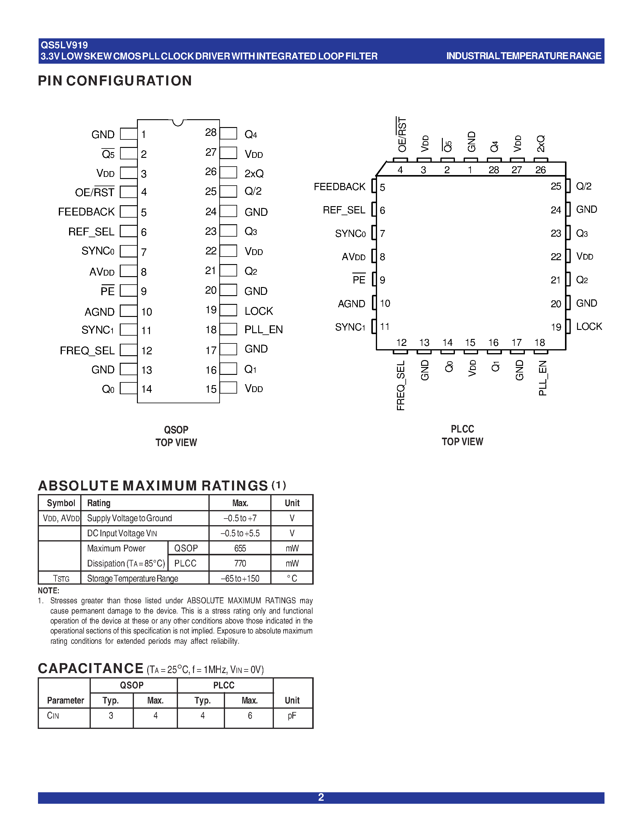 Datasheet QS5LV91970J - 3.3V LOW SKEW CMOS PLL CLOCK DRIVER WITH INTEGRATED LOOP FILTER page 2