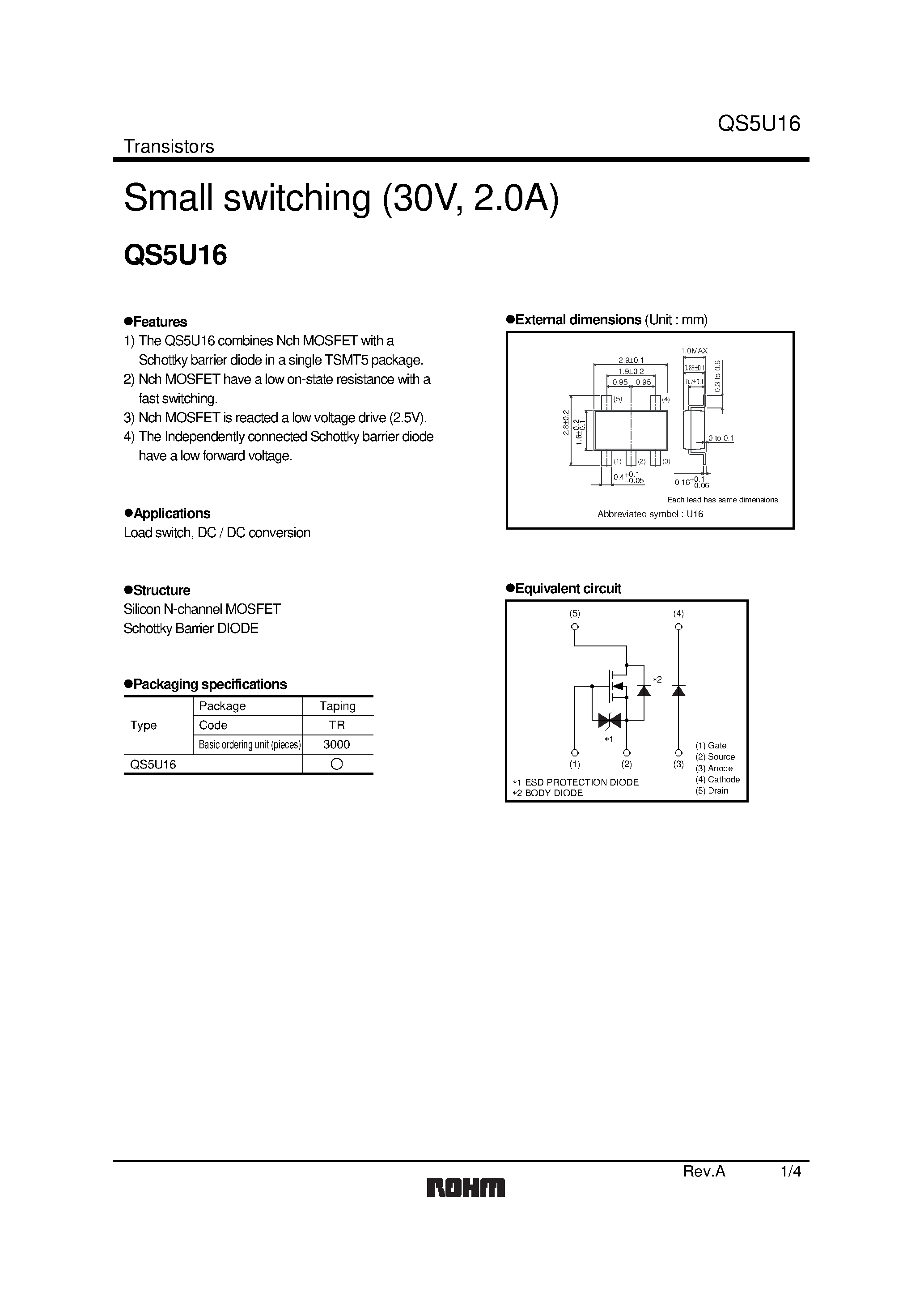 Datasheet QS5U16 - Small switching (30V/ 2.0A) page 1
