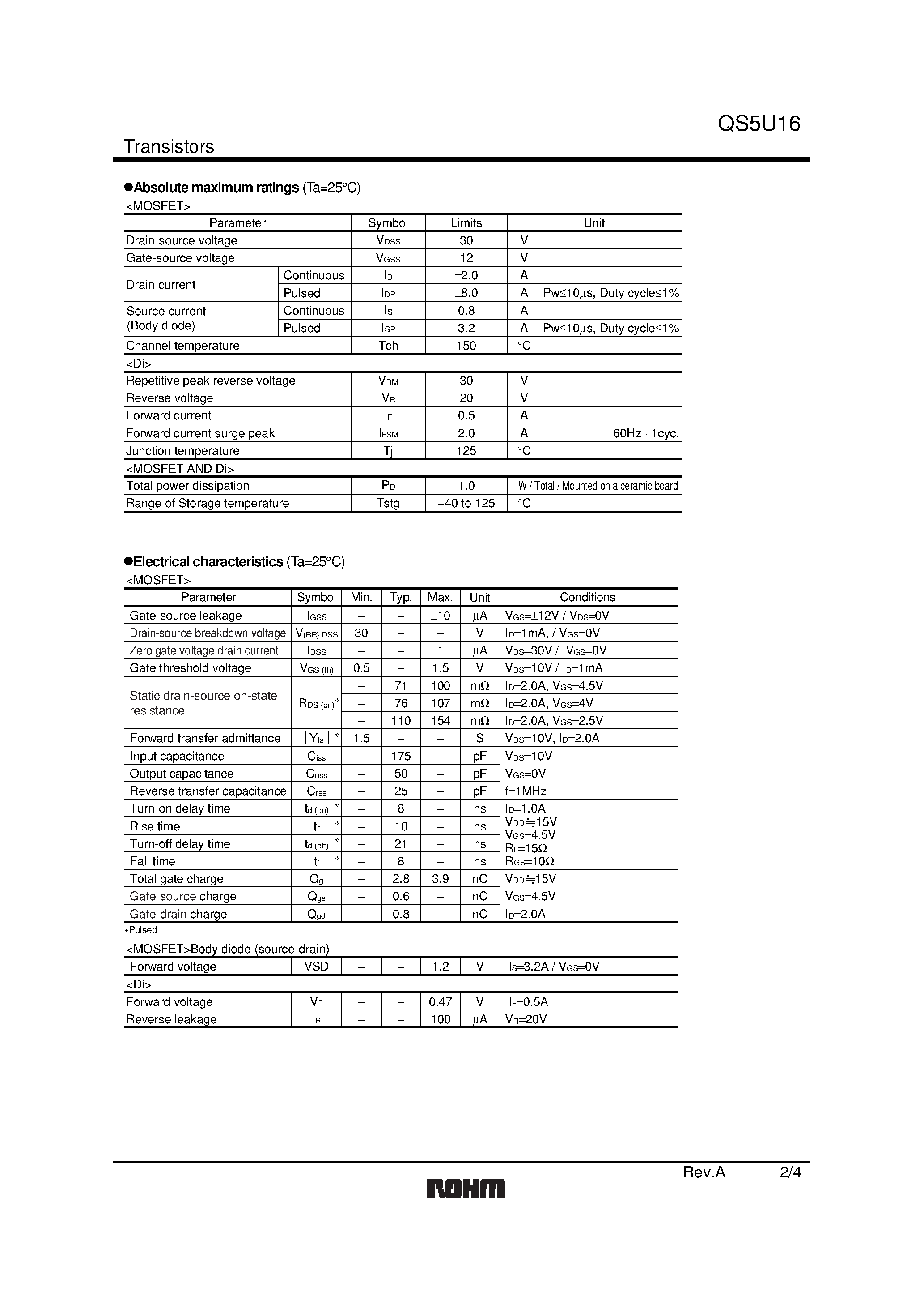Datasheet QS5U16 - Small switching (30V/ 2.0A) page 2