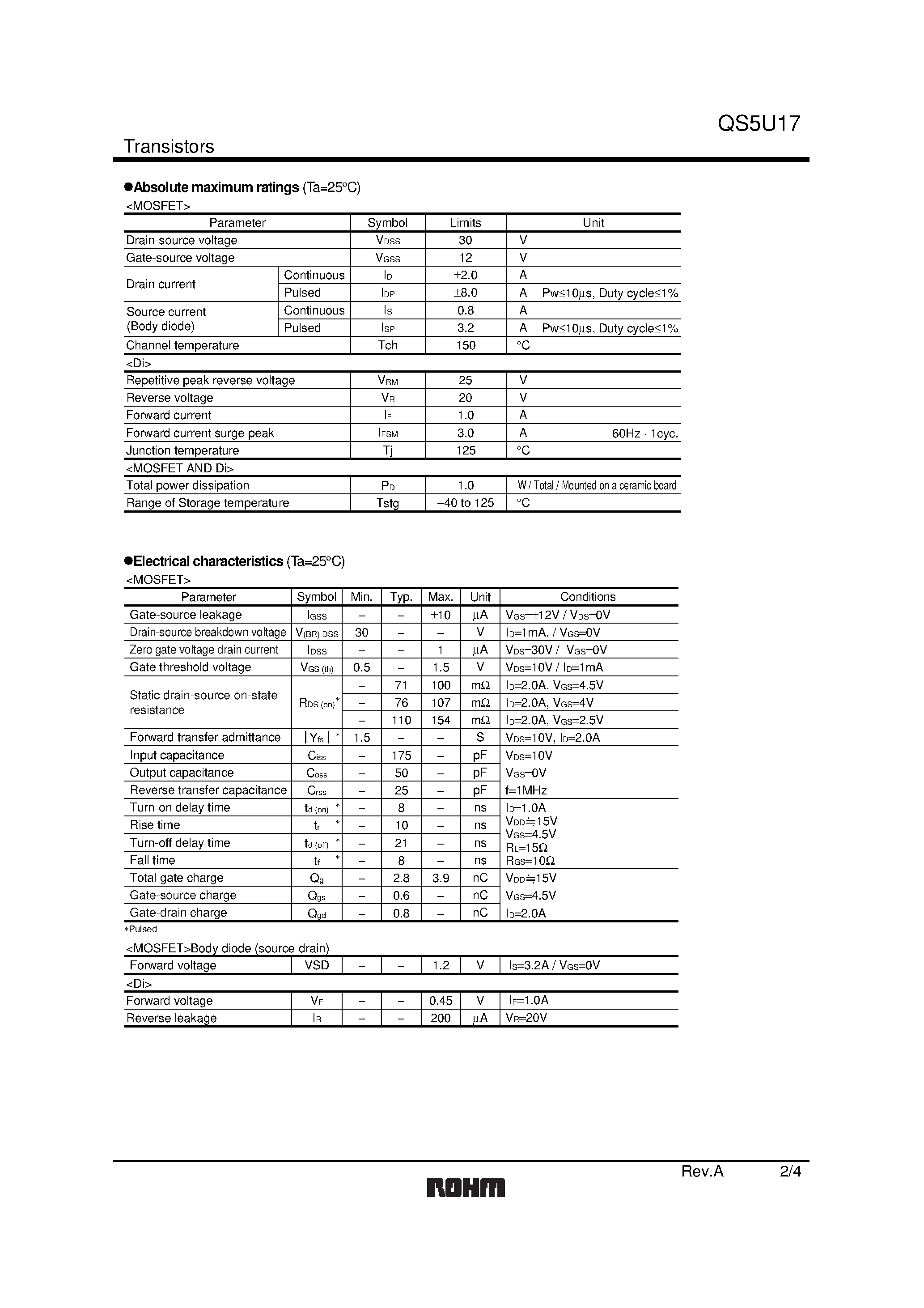 Datasheet QS5U17 - Small switching (30V/ 2.0A) page 2