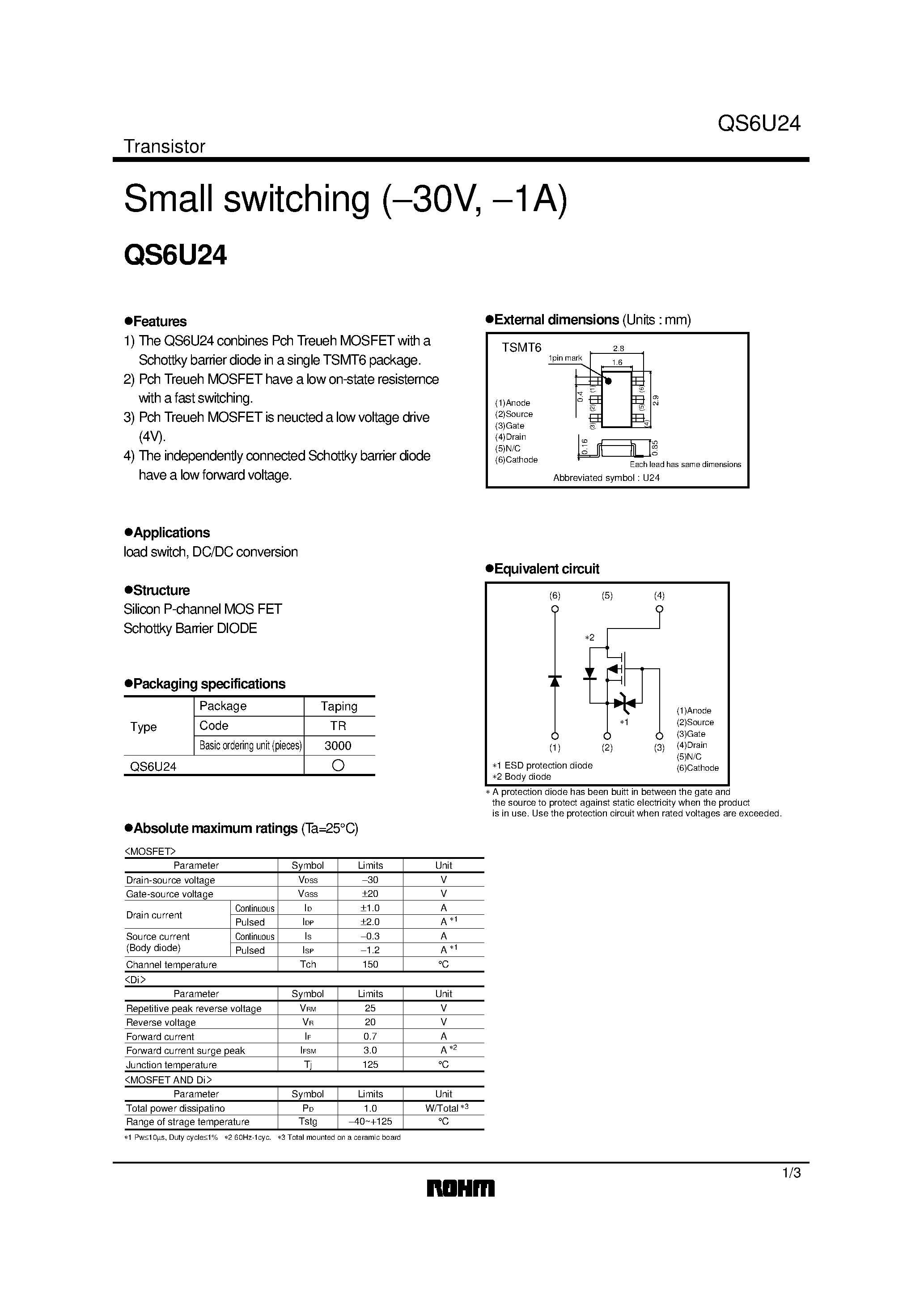 Datasheet QS6U24 page 1 Datasheet QS6U24 - Small switching (−30V/ −1A) page 1