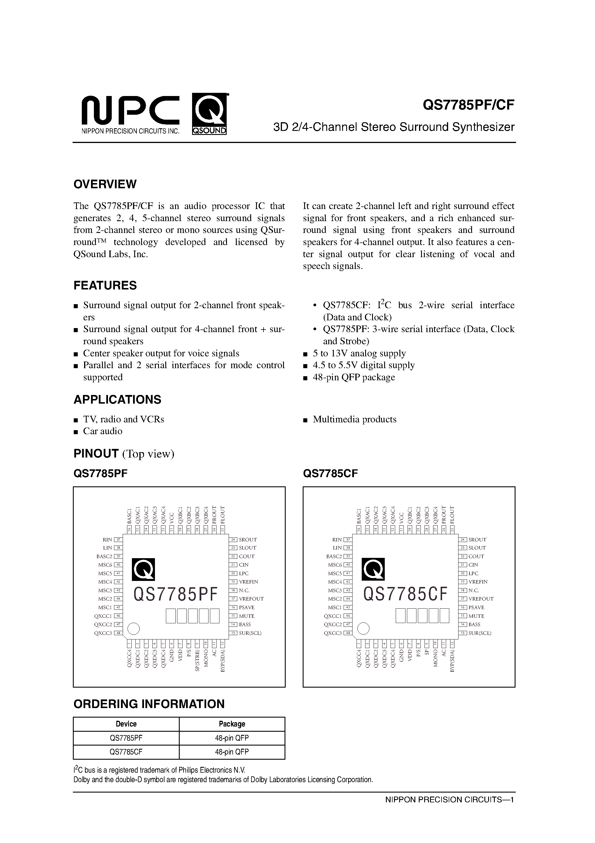 Datasheet QS7785 - 3D 2/4-Channel Stereo Surround Synthesizer page 1