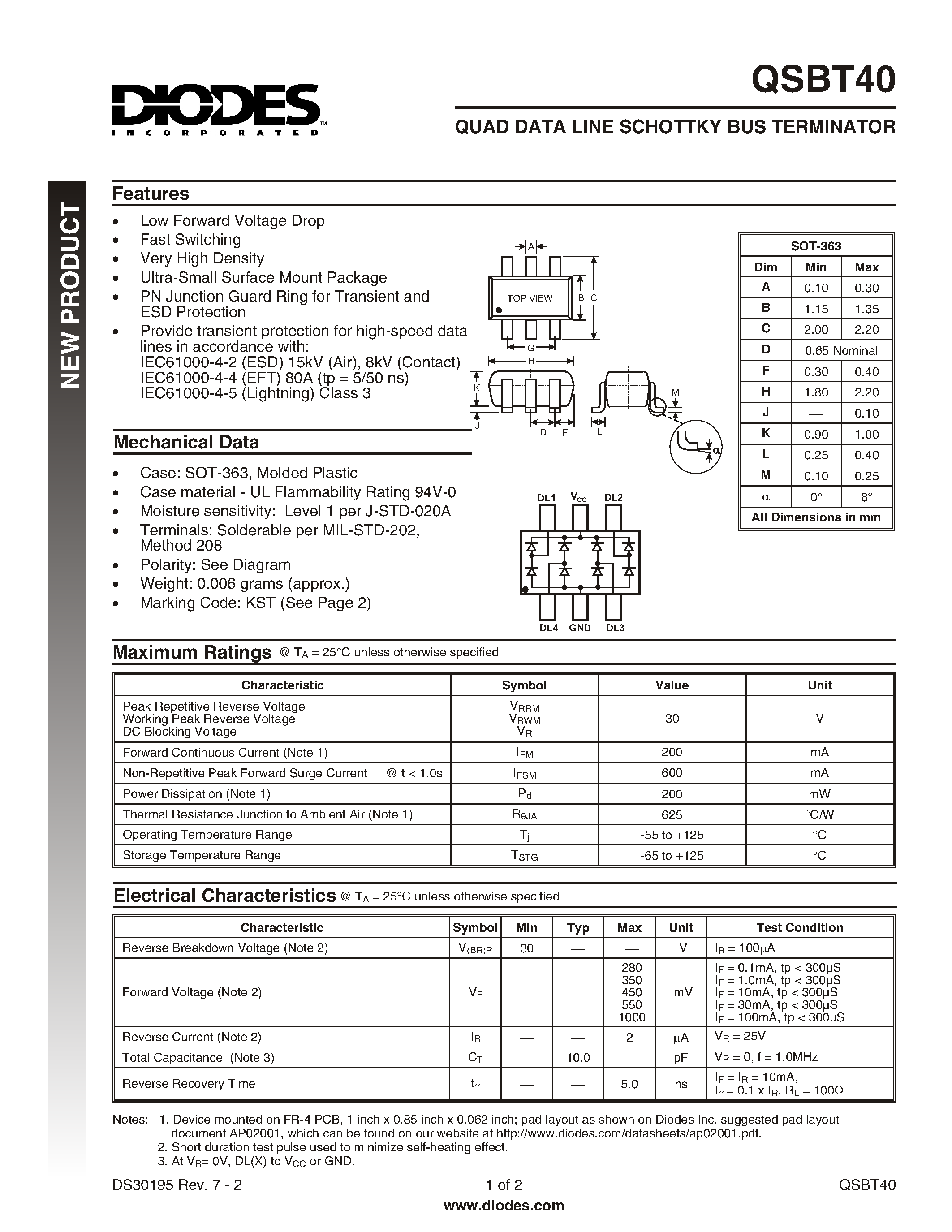 Datasheet QSBT40-7 - QUAD DATA LINE SCHOTTKY BUS TERMINATOR page 1