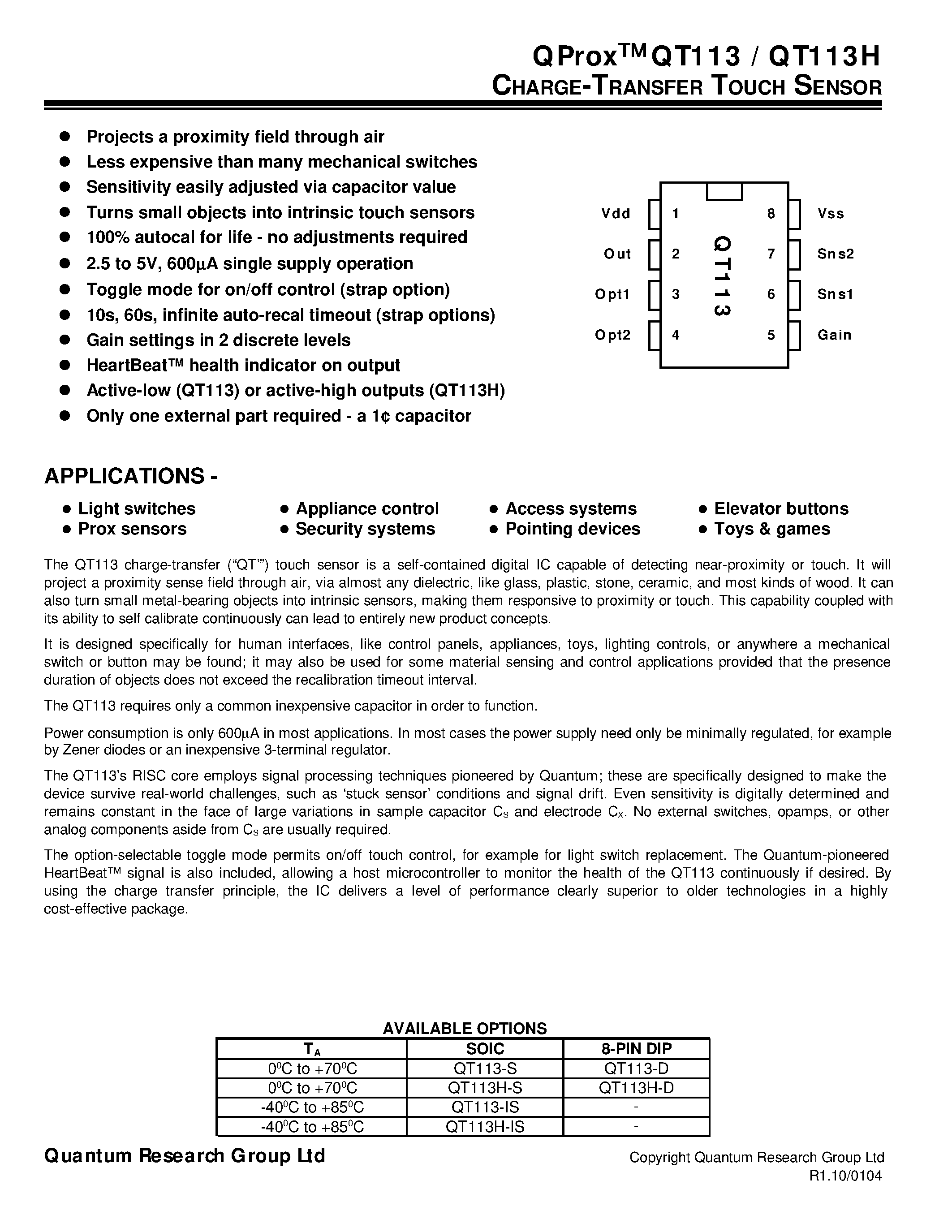Datasheet QT113-S - CHARGE-TRANSFER TOUCH SENSOR page 1