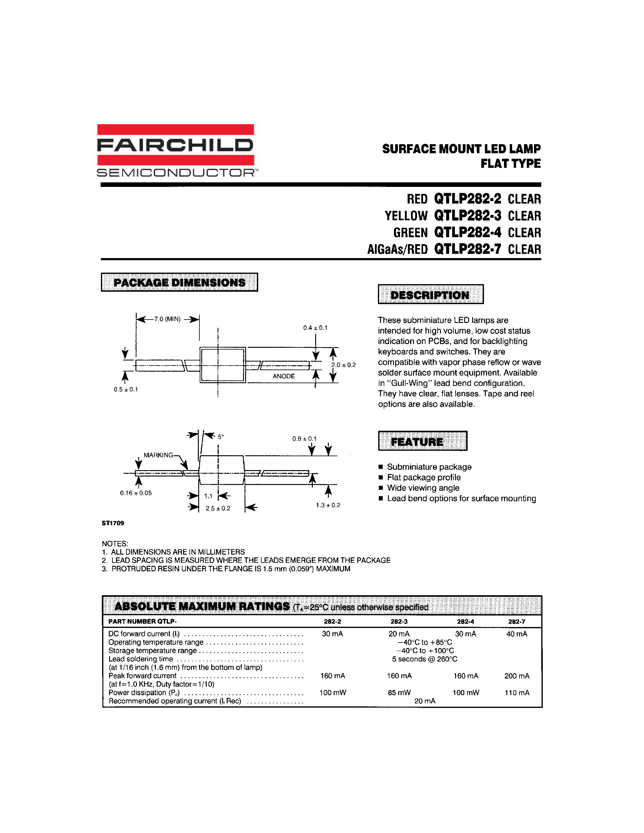 Datasheet QTLP282-2 - SURFACE MOUNT LED LAMP FLAT TYPE page 1