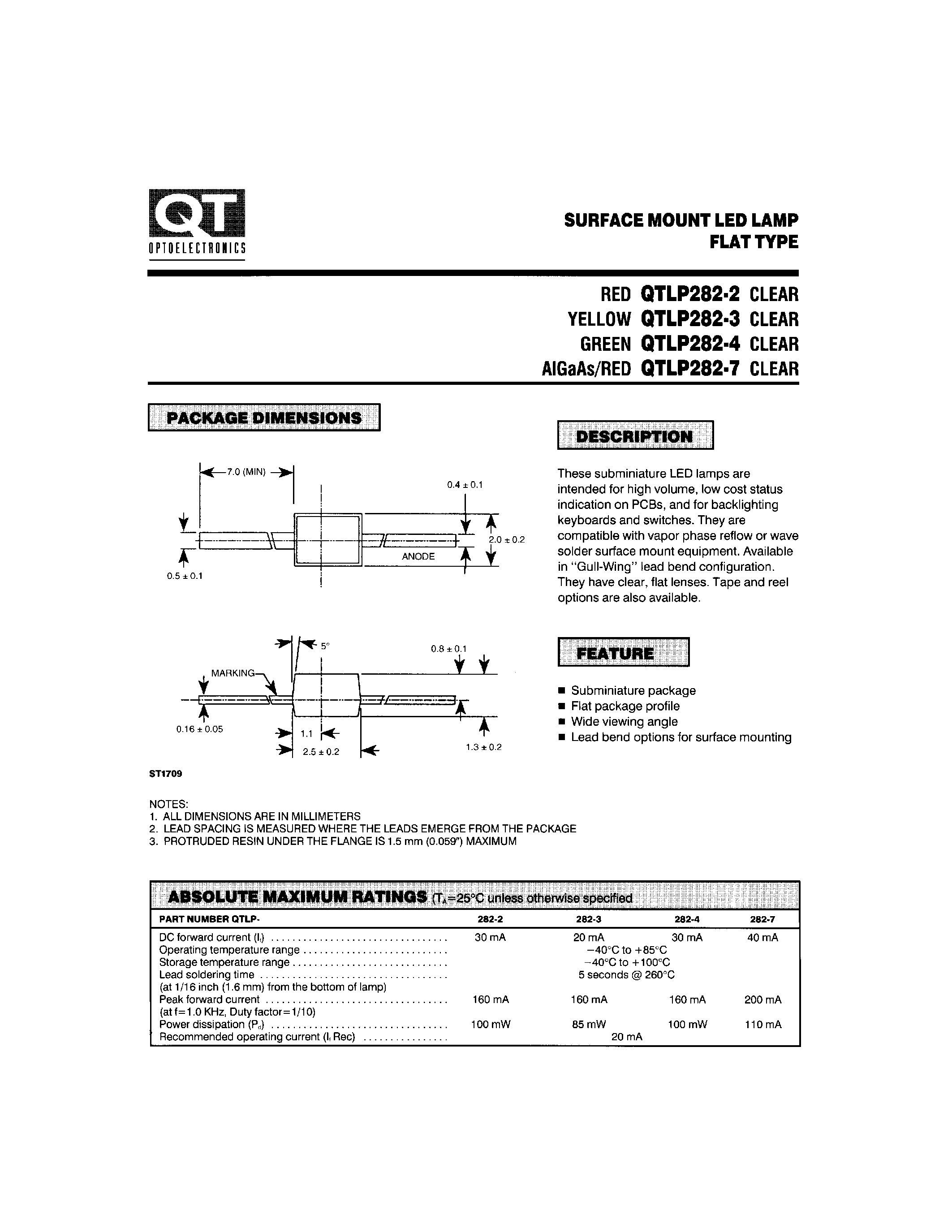 Datasheet QTLP282-4 - SURFACE MOUNT LED LAMP FLAT TYPE page 1