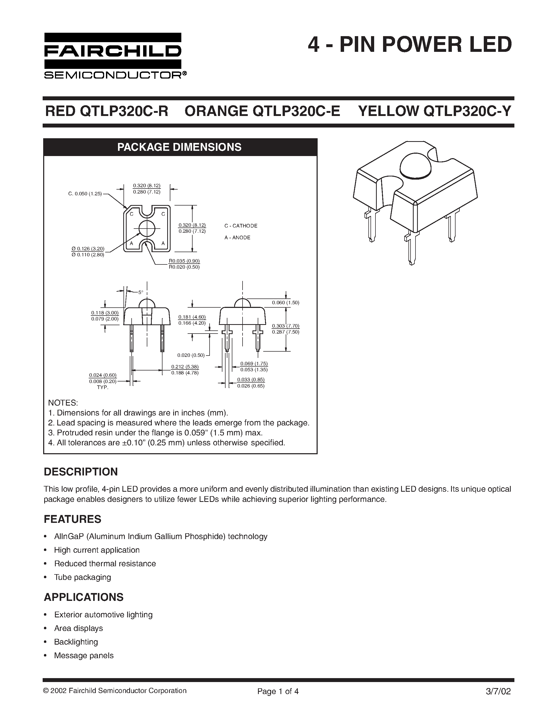 Datasheet QTLP320C-Y - 4 - PIN POWER LED page 1