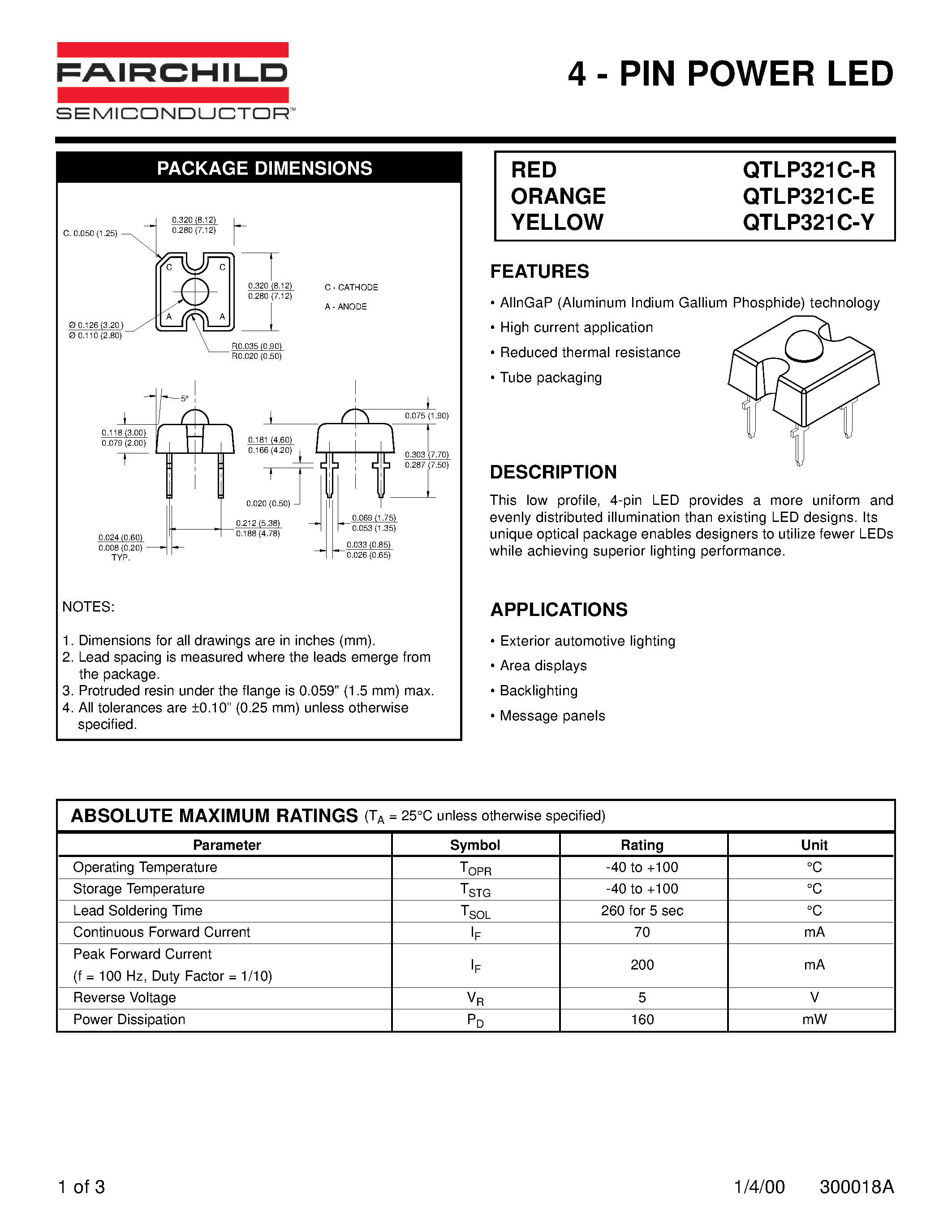 Datasheet QTLP321C - 4 - PIN POWER LED page 1