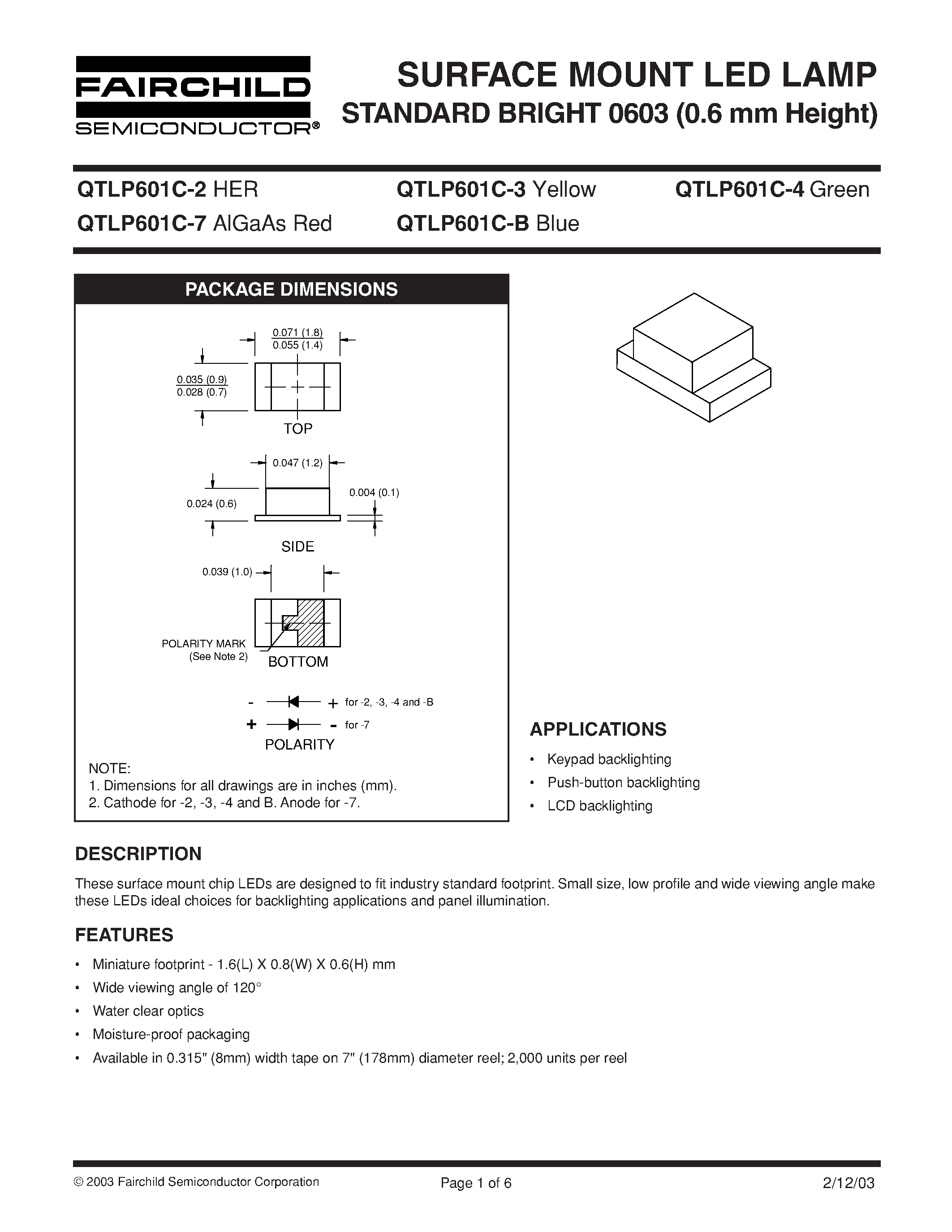 Datasheet QTLP601C-3 - SURFACE MOUNT LED LAMP STANDARD BRIGHT 0603 (0.6 mm Height) page 1