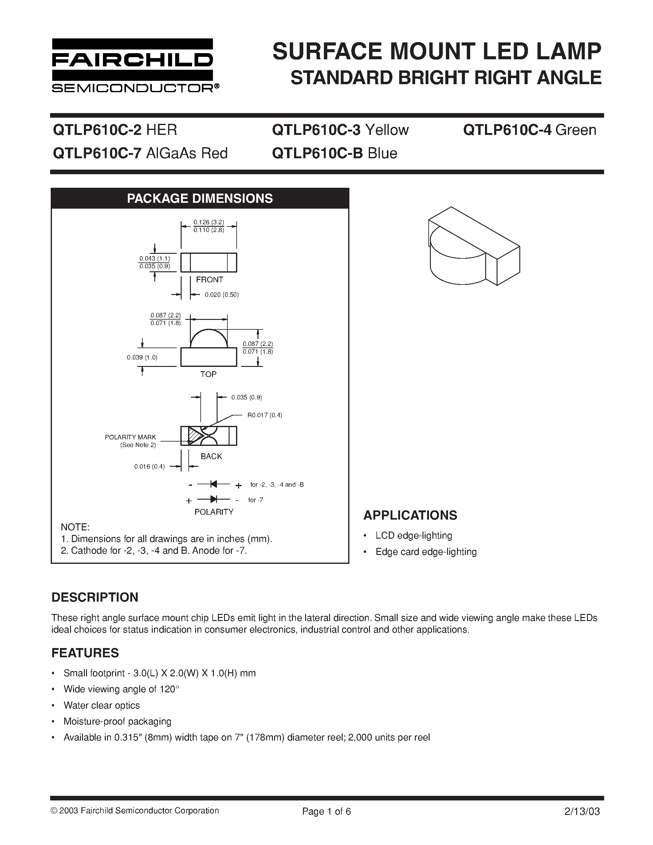 Даташит QTLP610C - SURFACE MOUNT LED LAMP STANDARD BRIGHT RIGHT ANGLE страница 1