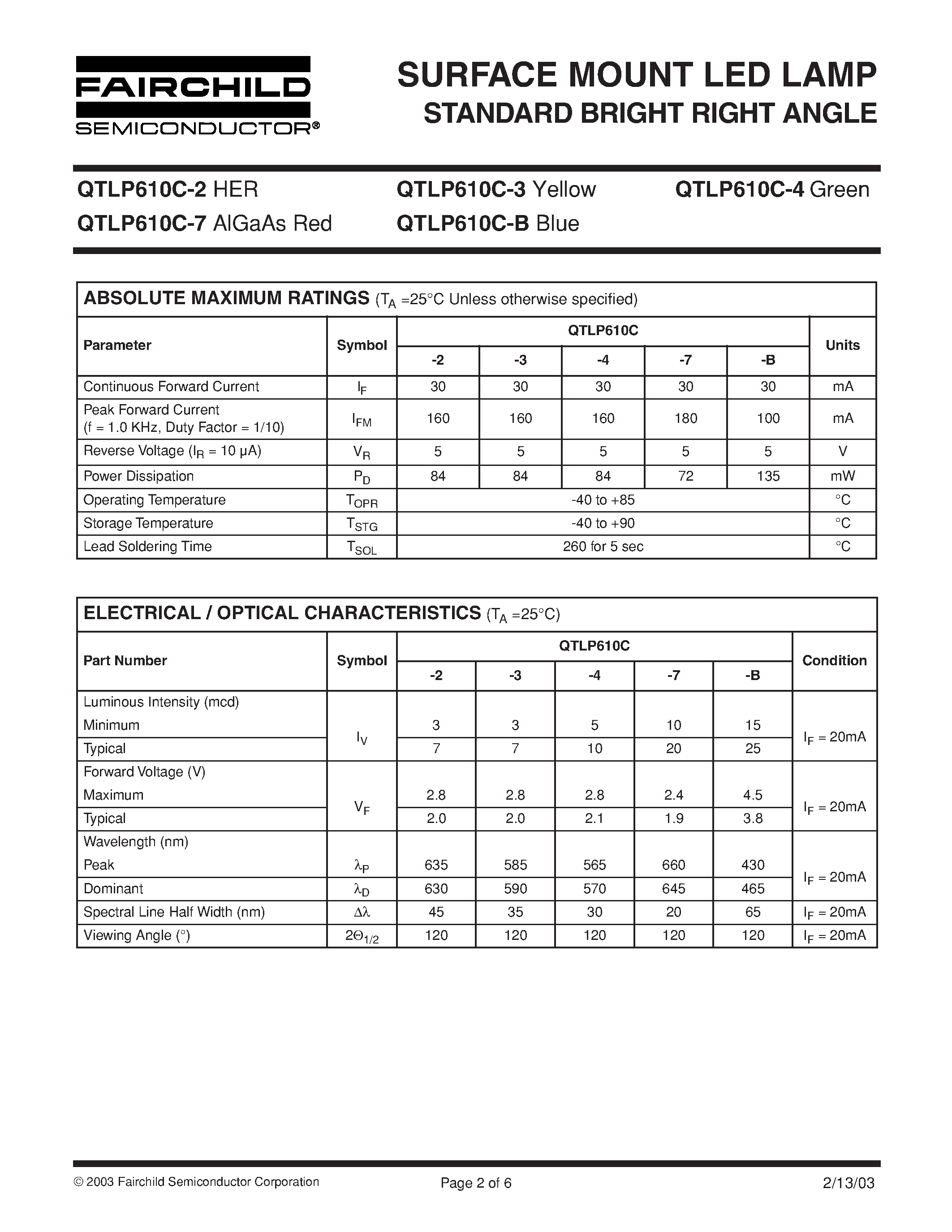 Datasheet QTLP610C-4 - SURFACE MOUNT LED LAMP STANDARD BRIGHT RIGHT ANGLE page 2
