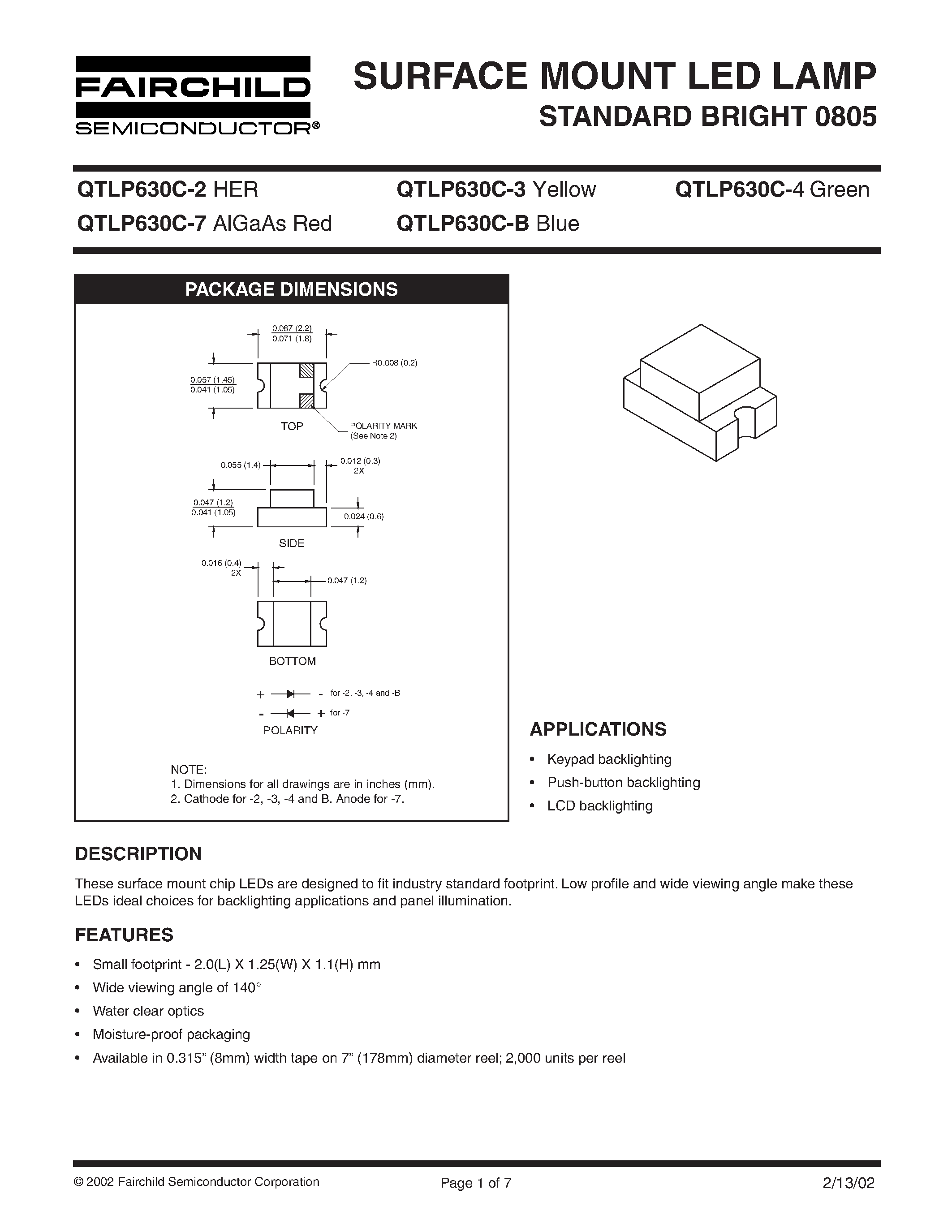 Datasheet QTLP630C-4 - SURFACE MOUNT LED LAMP STANDARD BRIGHT 0805 page 1