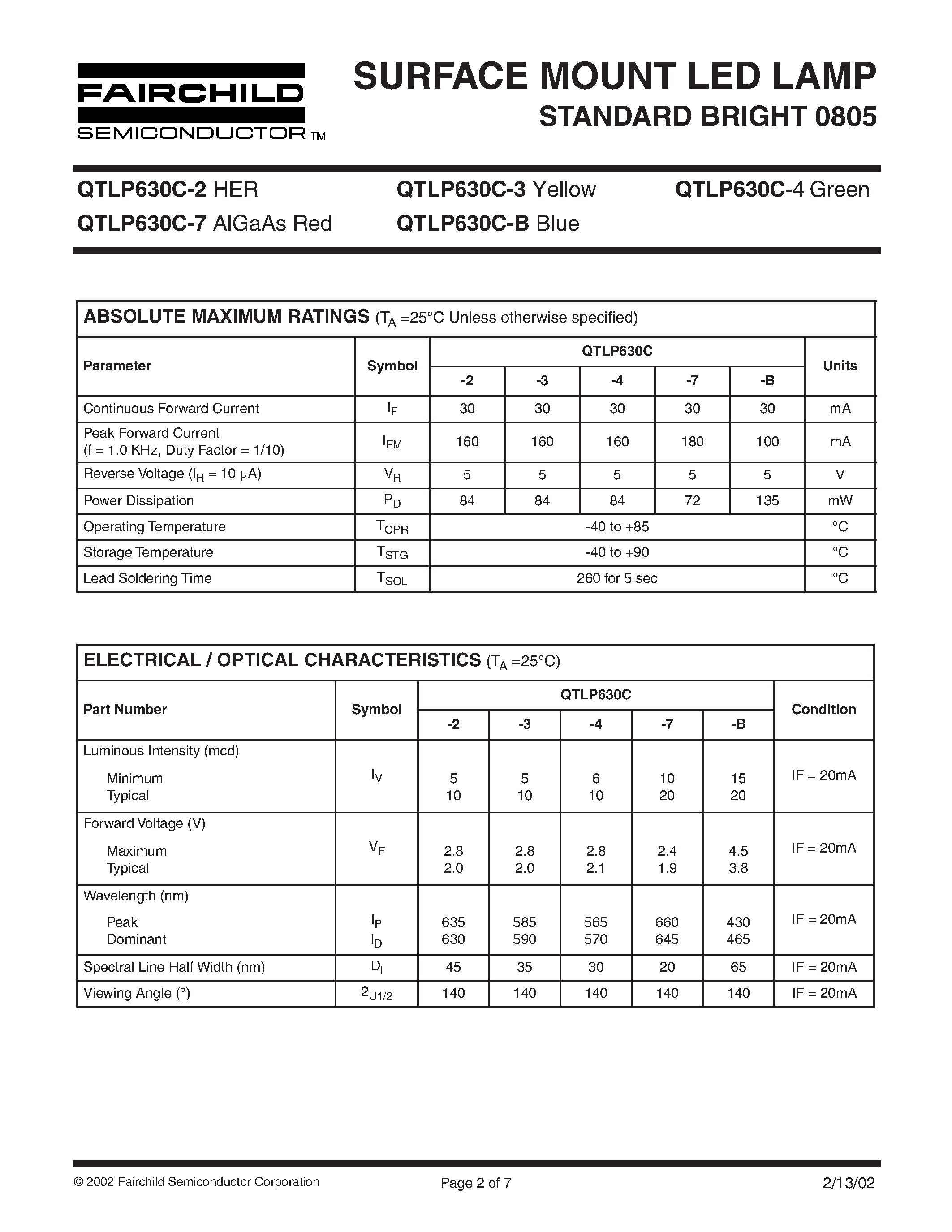 Datasheet QTLP630C-4 - SURFACE MOUNT LED LAMP STANDARD BRIGHT 0805 page 2