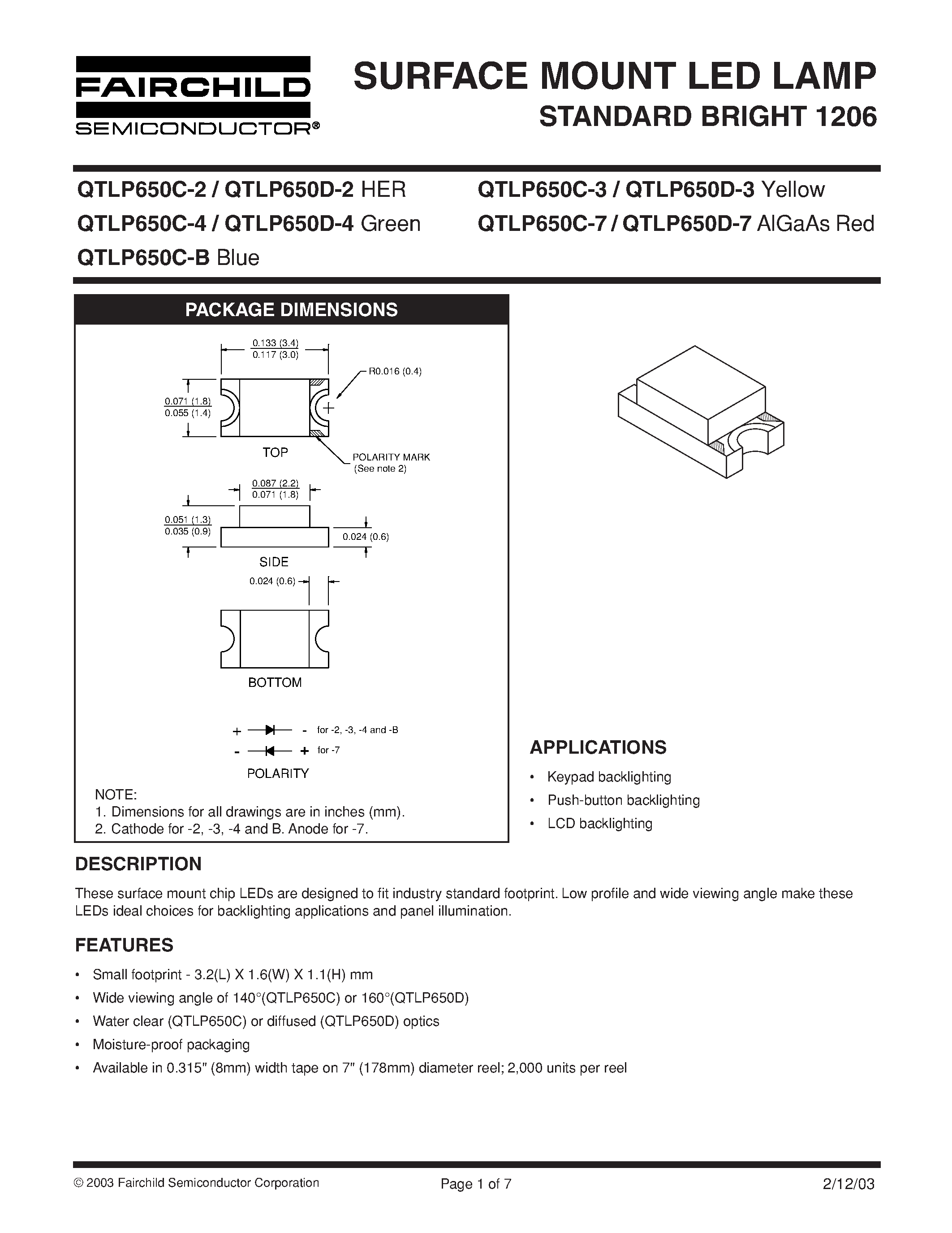 Даташит QTLP650C - SURFACE MOUNT LED LAMP STANDARD BRIGHT 1206 страница 1