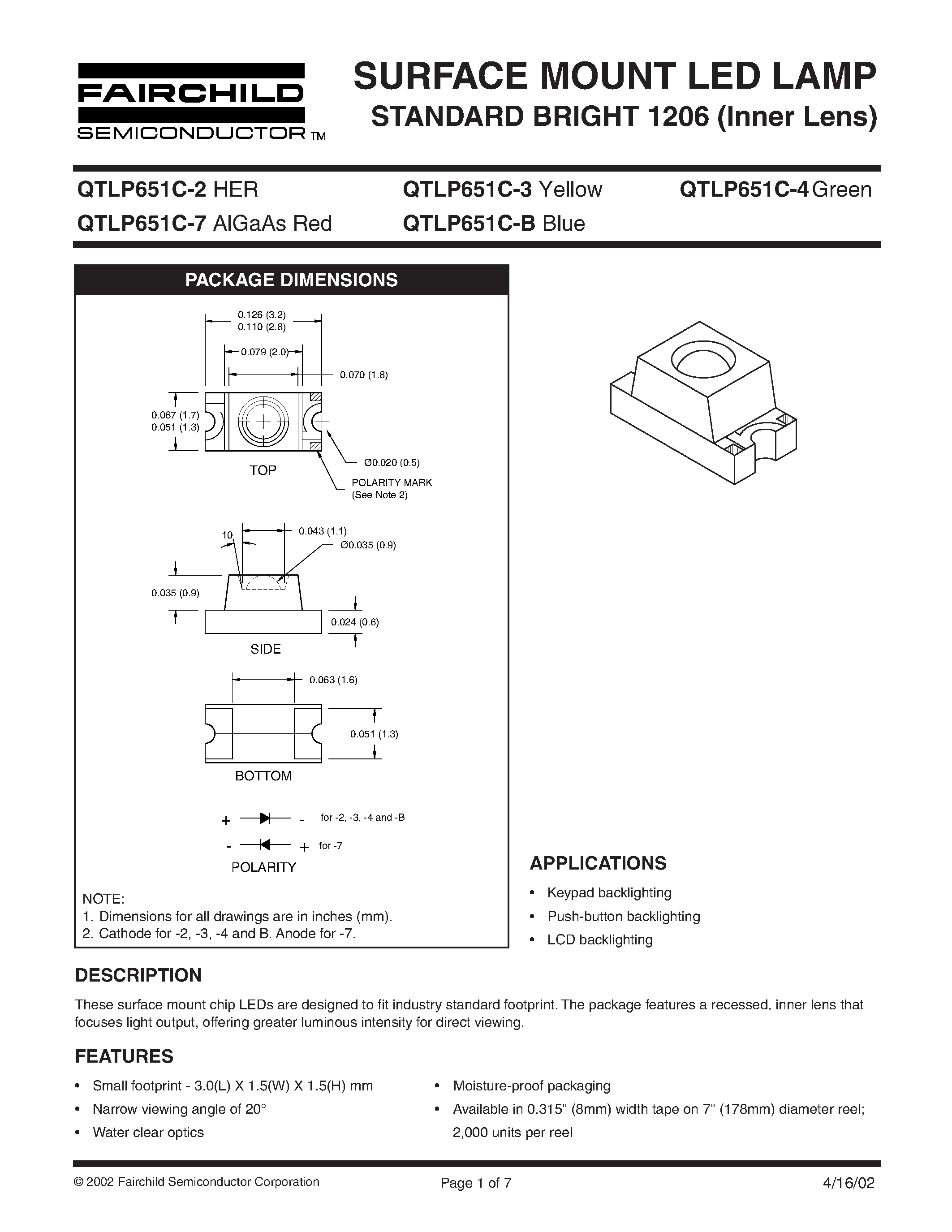 Datasheet QTLP651C-2 - SURFACE MOUNT LED LAMP STANDARD BRIGHT 1206 Inner Lens page 1