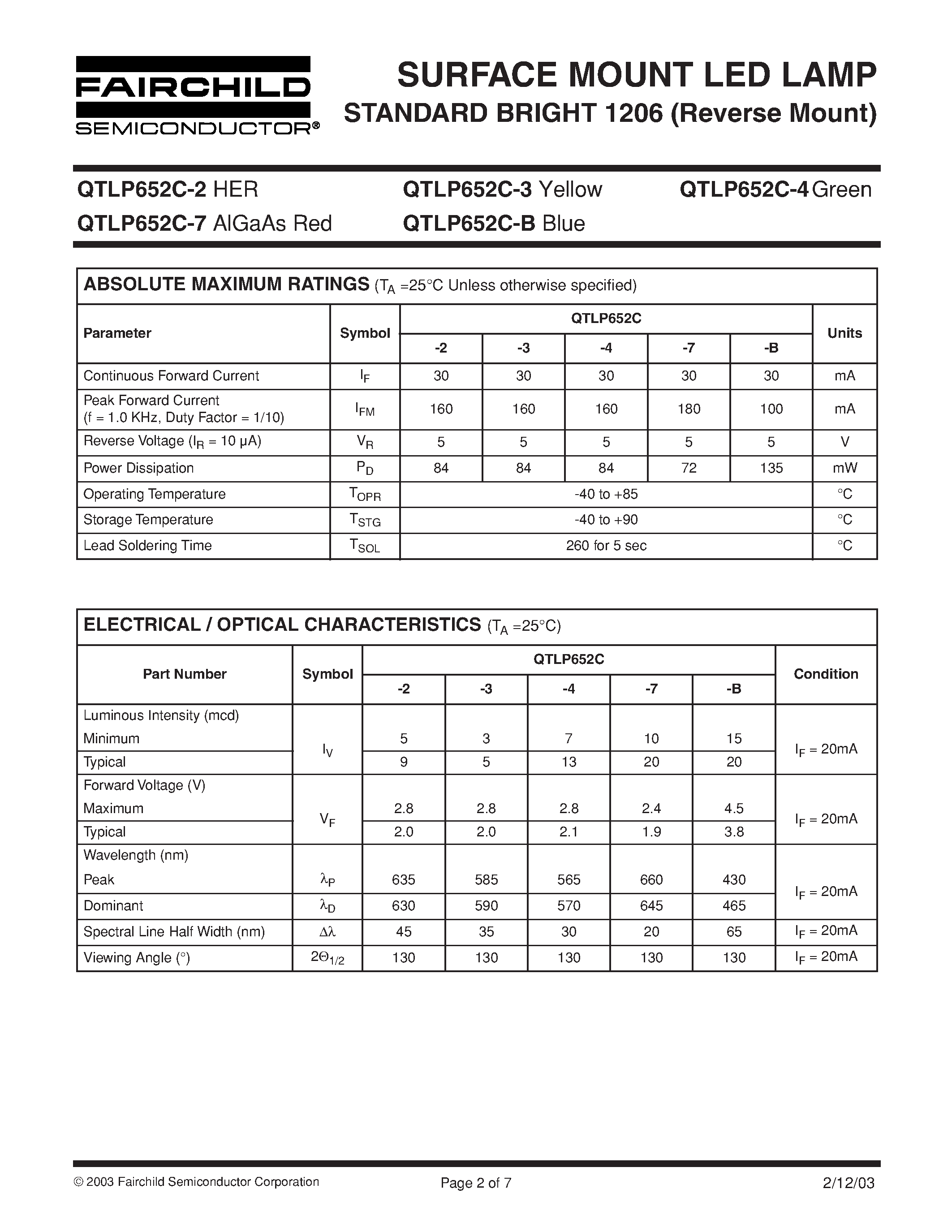Datasheet QTLP652C-4 - SURFACE MOUNT LED LAMP STANDARD BRIGHT 1206 (Reverse Mount) page 2