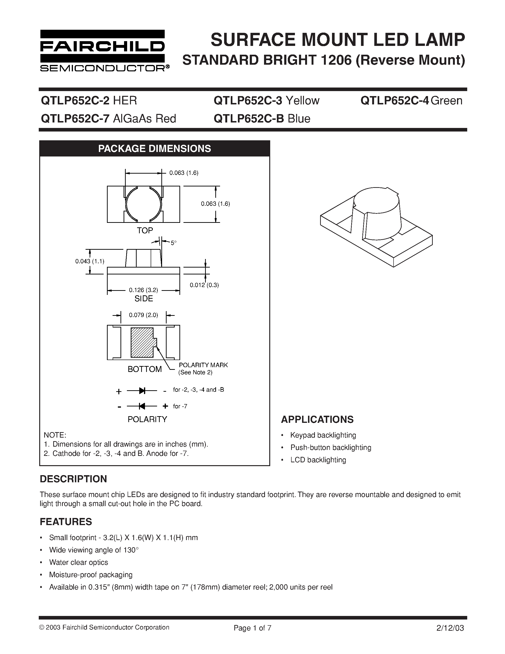 Datasheet QTLP652C-B page 1 Datasheet QTLP652C-B - SURFACE MOUNT LED LAMP STANDARD BRIGHT 1206 (Reverse Mount) page 1