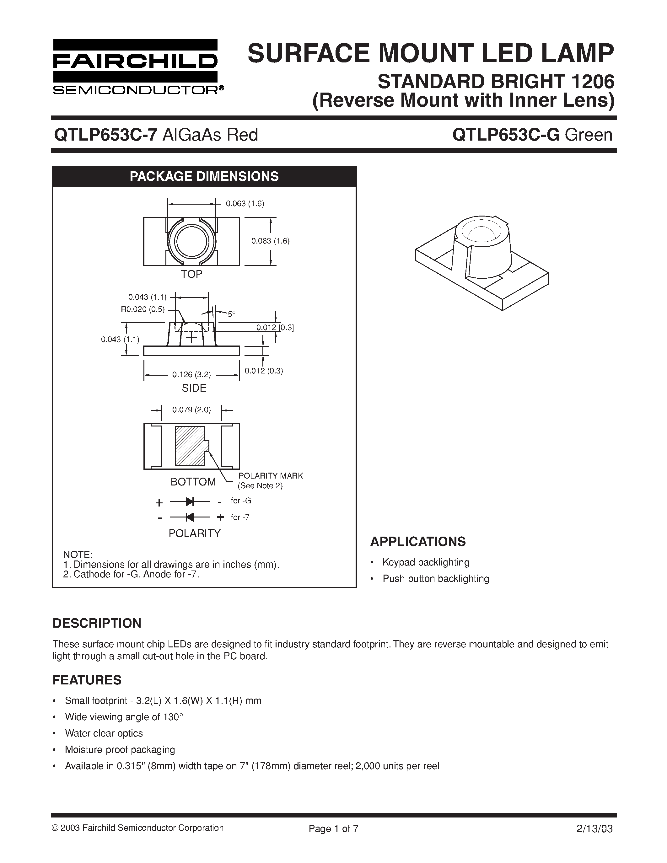 Даташит на микросхему QTLP653C страница 1 Даташит QTLP653C - SURFACE MOUNT LED LAMP STANDARD BRIGHT 1206 (Reverse Mount with Inner Lens) страница 1