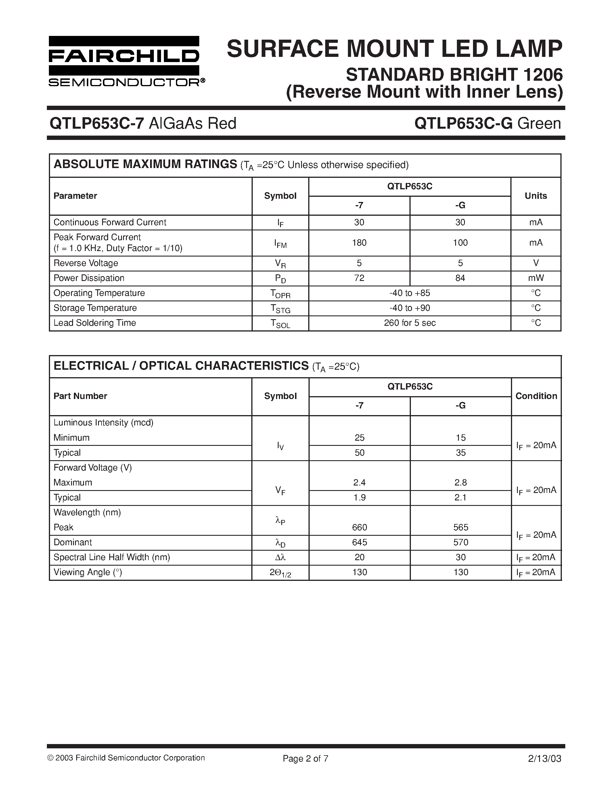 Даташит на микросхему QTLP653C-G страница 2 Даташит QTLP653C-G - SURFACE MOUNT LED LAMP STANDARD BRIGHT 1206 (Reverse Mount with Inner Lens) страница 2