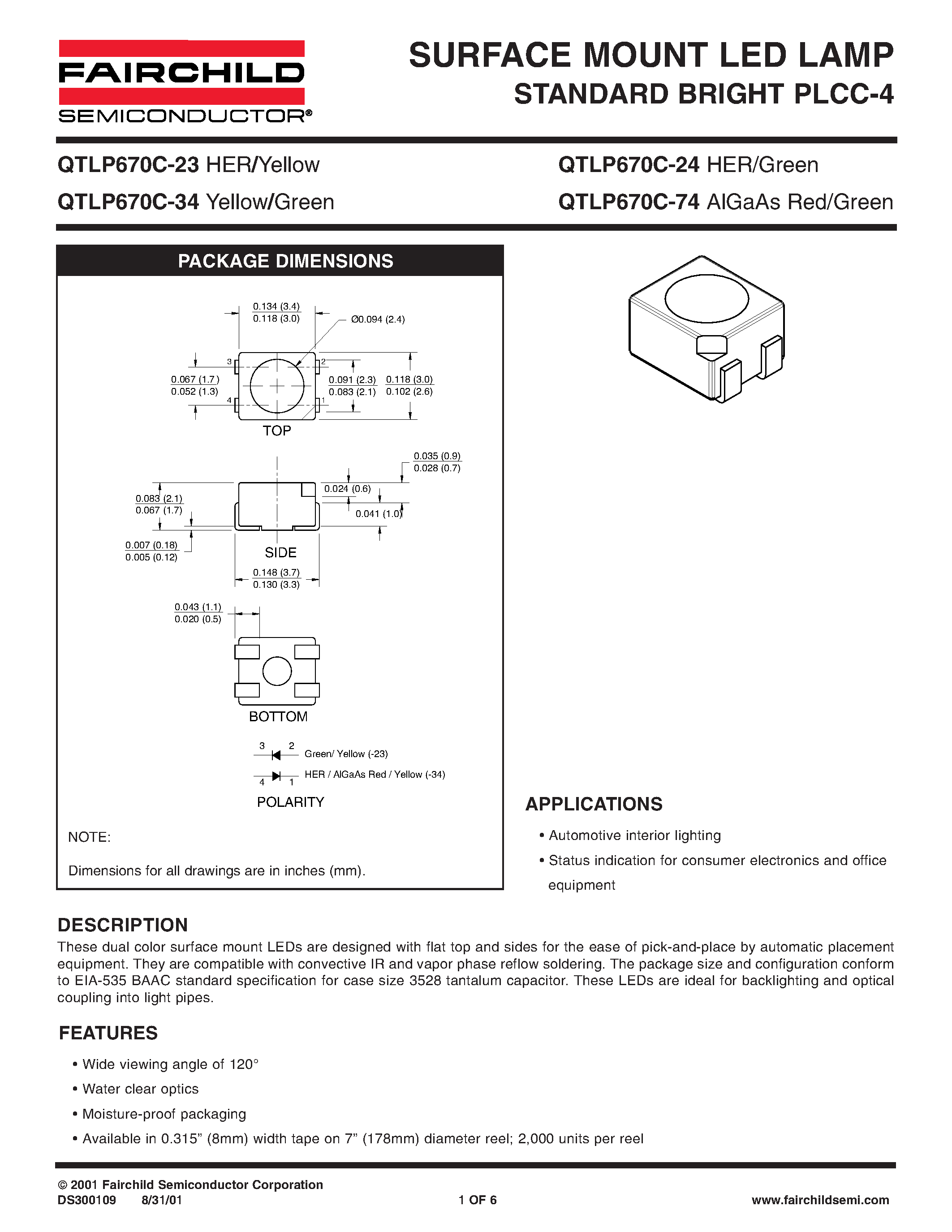 Datasheet QTLP670C-23 - SURFACE MOUNT LED LAMP STANDARD BRIGHT PLCC-4 page 1