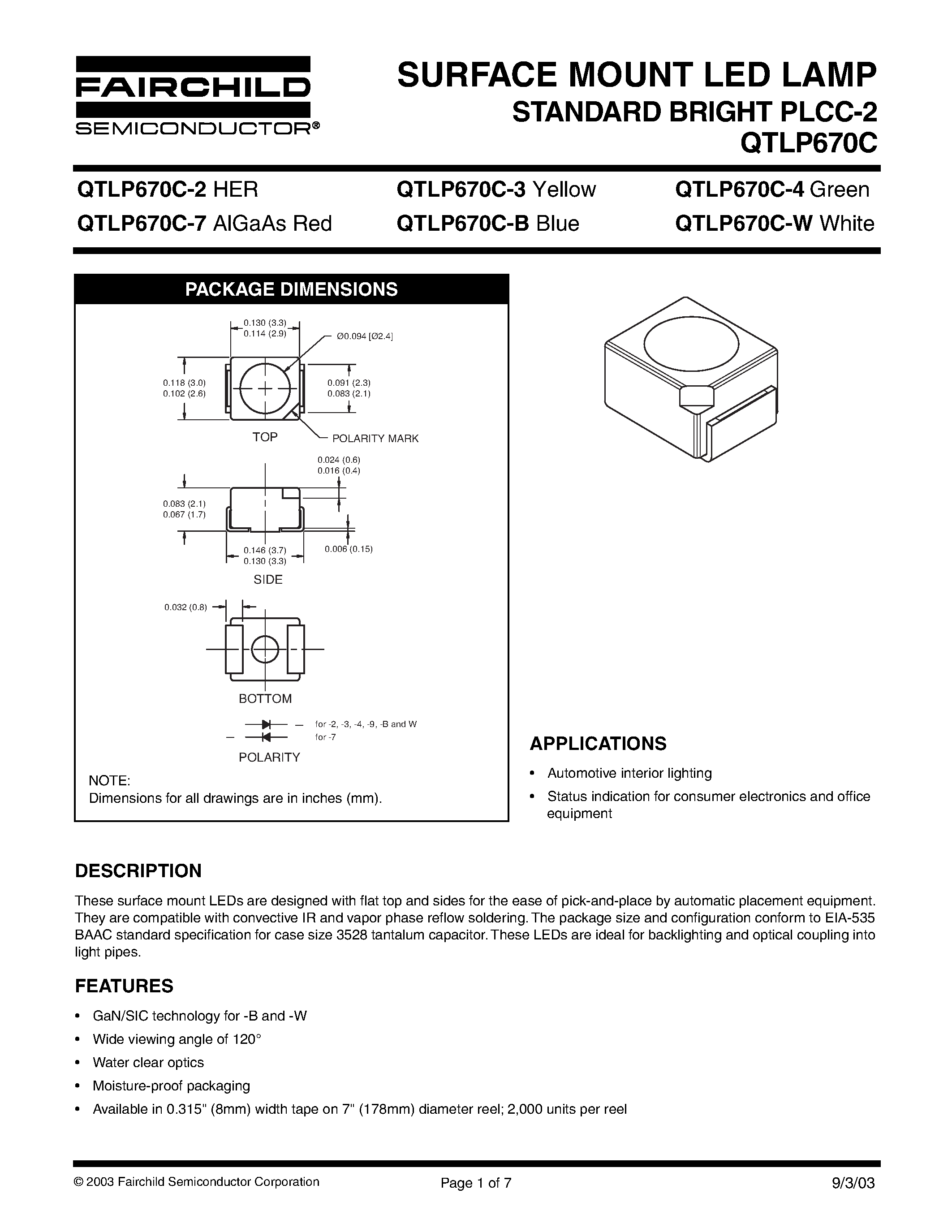 Datasheet QTLP670C-7 - SURFACE MOUNT LED LAMP STANDARD BRIGHT PLCC-2 page 1