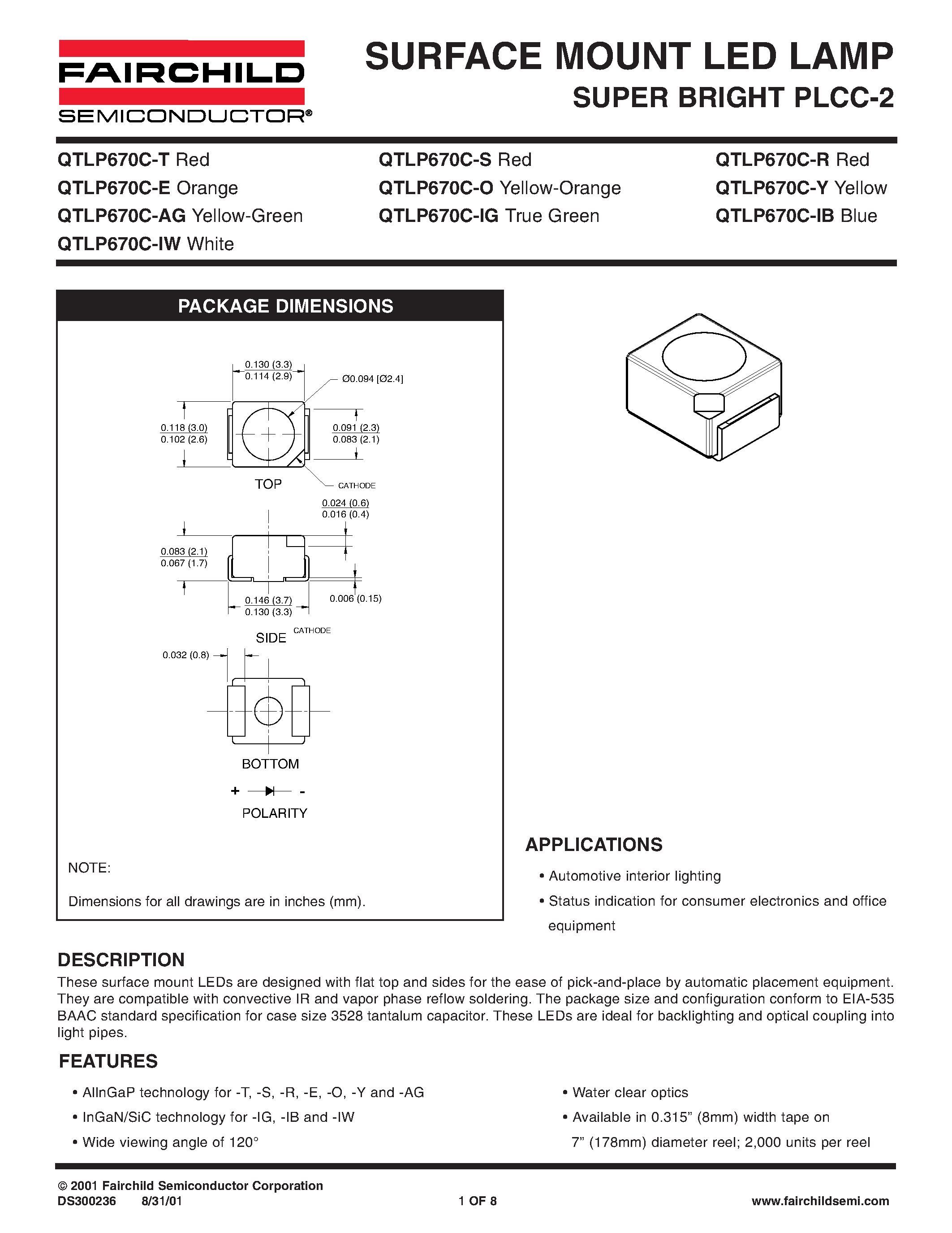 Даташит на микросхему QTLP670C-E страница 1 Даташит QTLP670C-E - SURFACE MOUNT LED LAMP страница 1