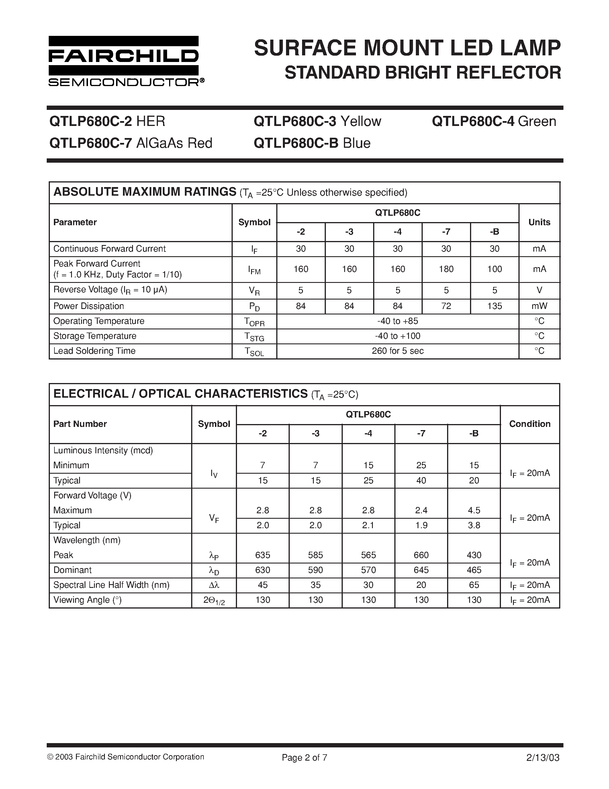 Datasheet QTLP680C-7 - SURFACE MOUNT LED LAMP STANDARD BRIGHT REFLECTOR page 2