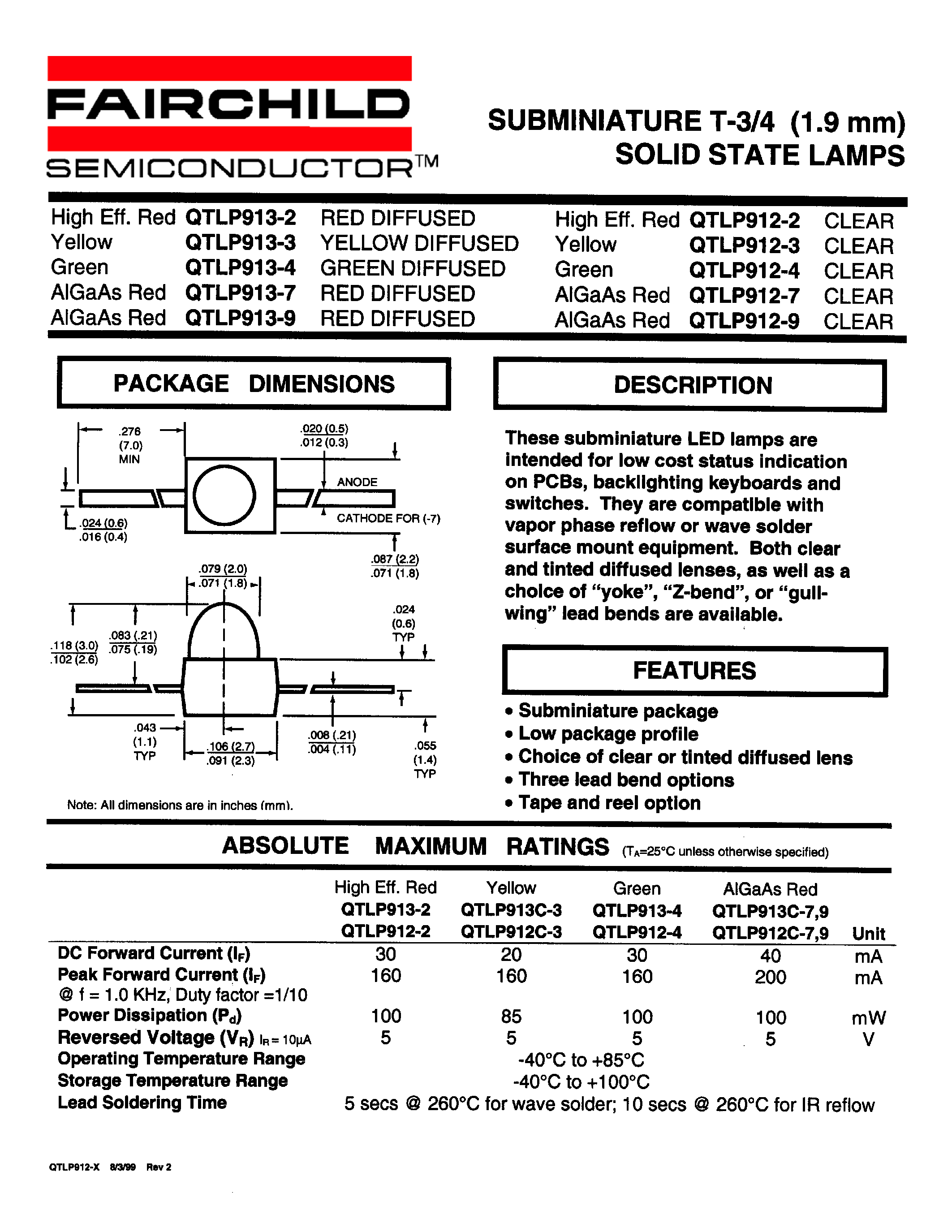 Даташит QTLP912-3 - SUBMINIATURE T-3/4 (1.9 mm) SOLID STATE LAMPS страница 1
