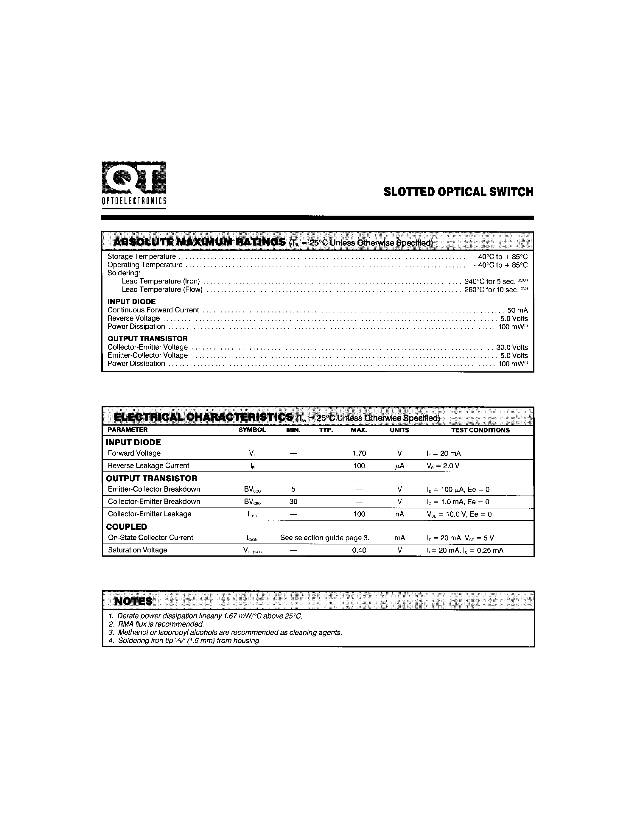 Datasheet QVA21313 - slotted optical switch page 2