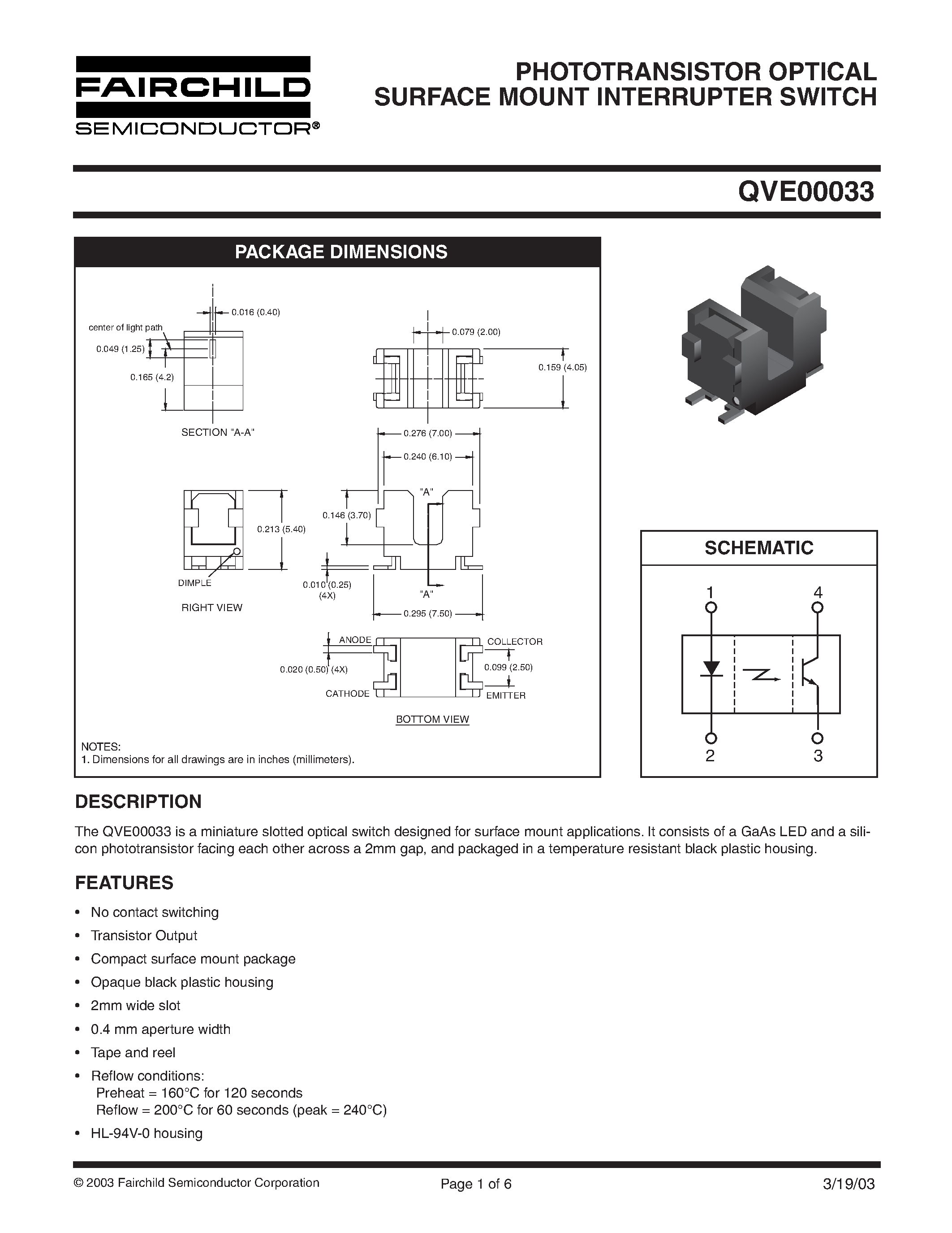 Datasheet QVE00033 - PHOTOTRANSISTOR OPTICAL SURFACE MOUNT INTERRUPTER SWITCH page 1
