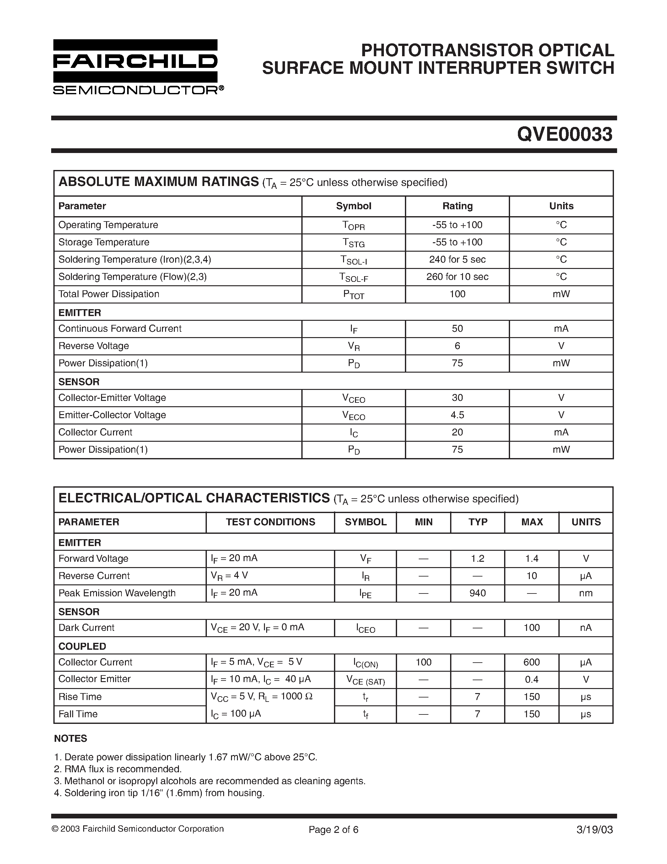 Datasheet QVE00033 - PHOTOTRANSISTOR OPTICAL SURFACE MOUNT INTERRUPTER SWITCH page 2