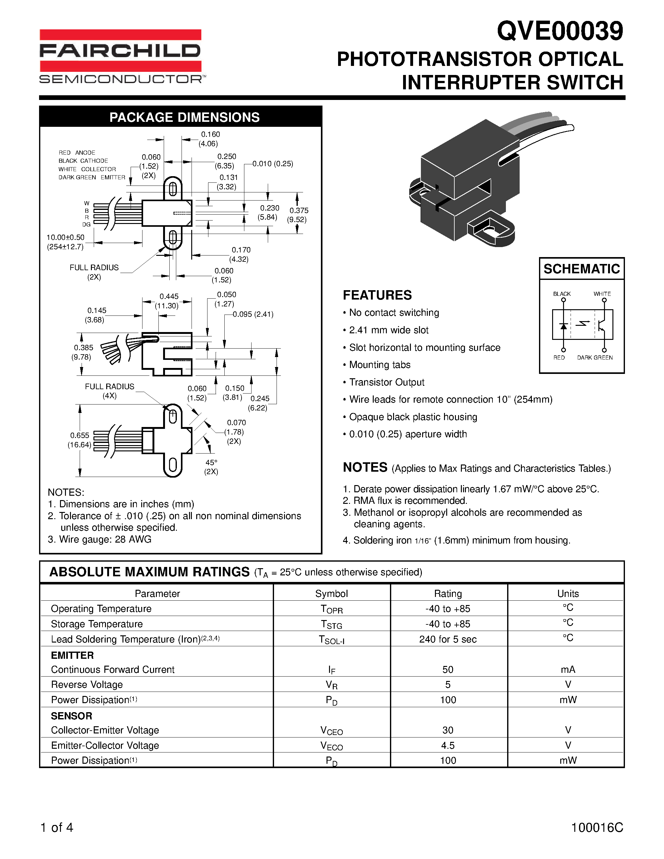 Datasheet QVE00039 - PHOTOTRANSISTOR OPTICAL INTERRUPTER SWITCH page 1