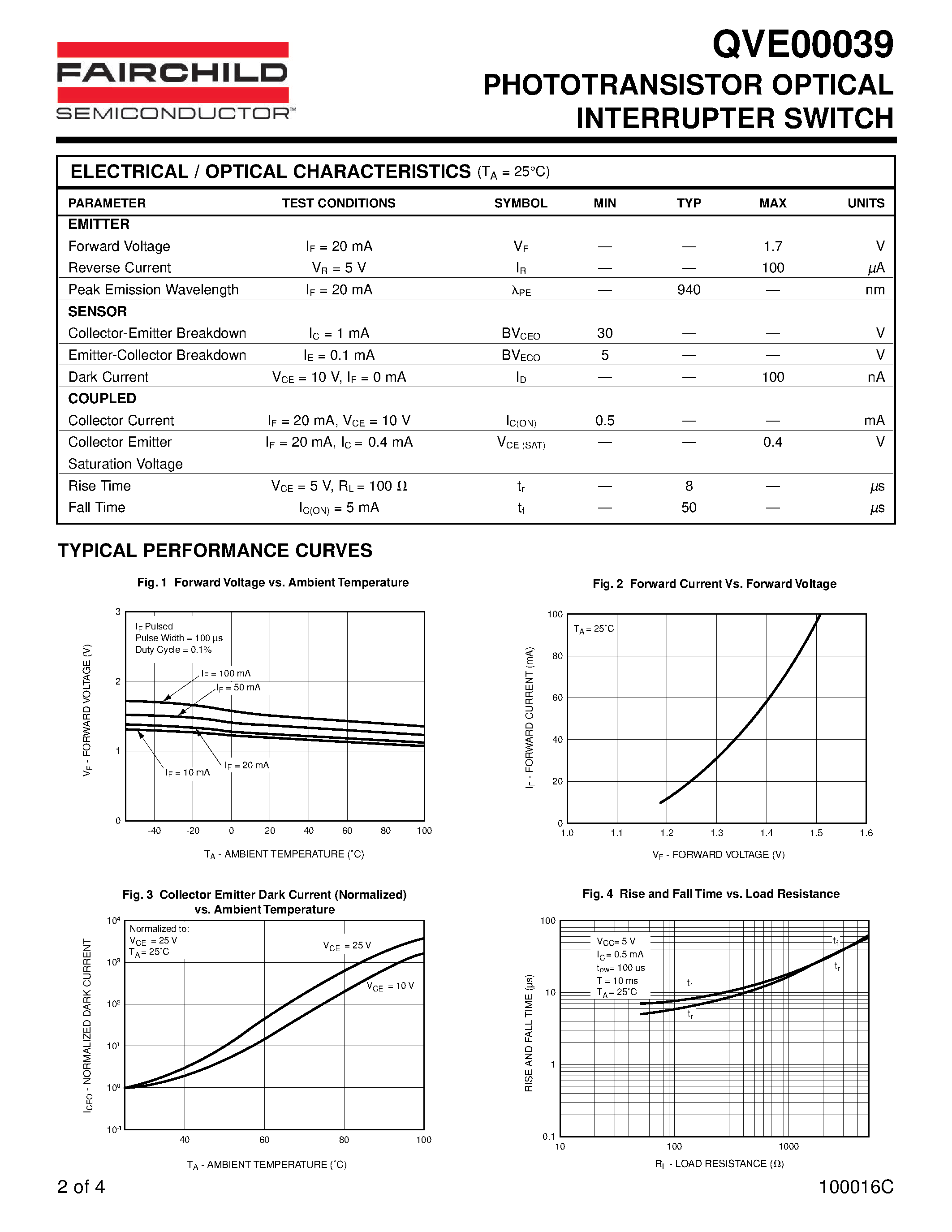 Datasheet QVE00039 - PHOTOTRANSISTOR OPTICAL INTERRUPTER SWITCH page 2