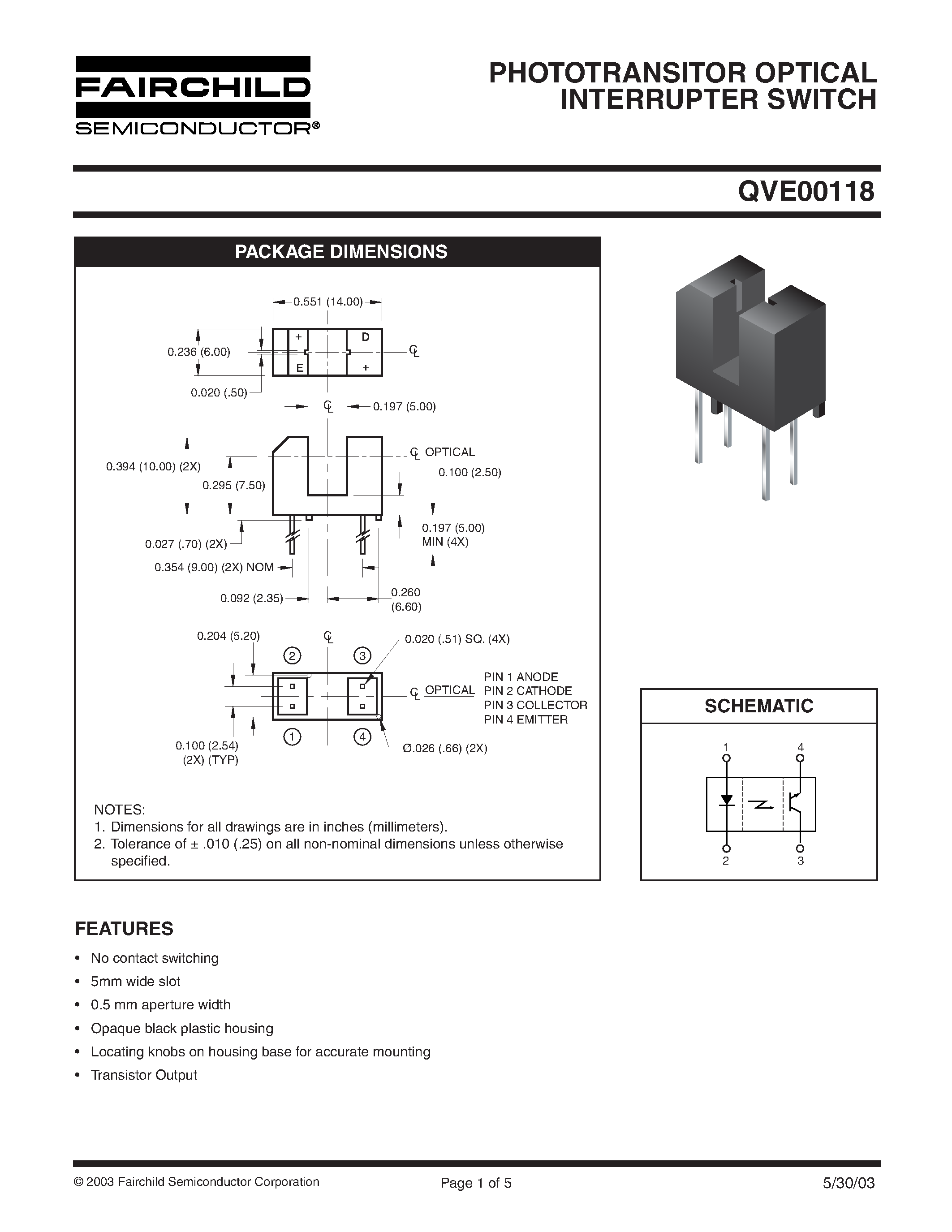 Datasheet QVE00118 - PHOTOTRANSITOR OPTICAL INTERRUPTER SWITCH page 1