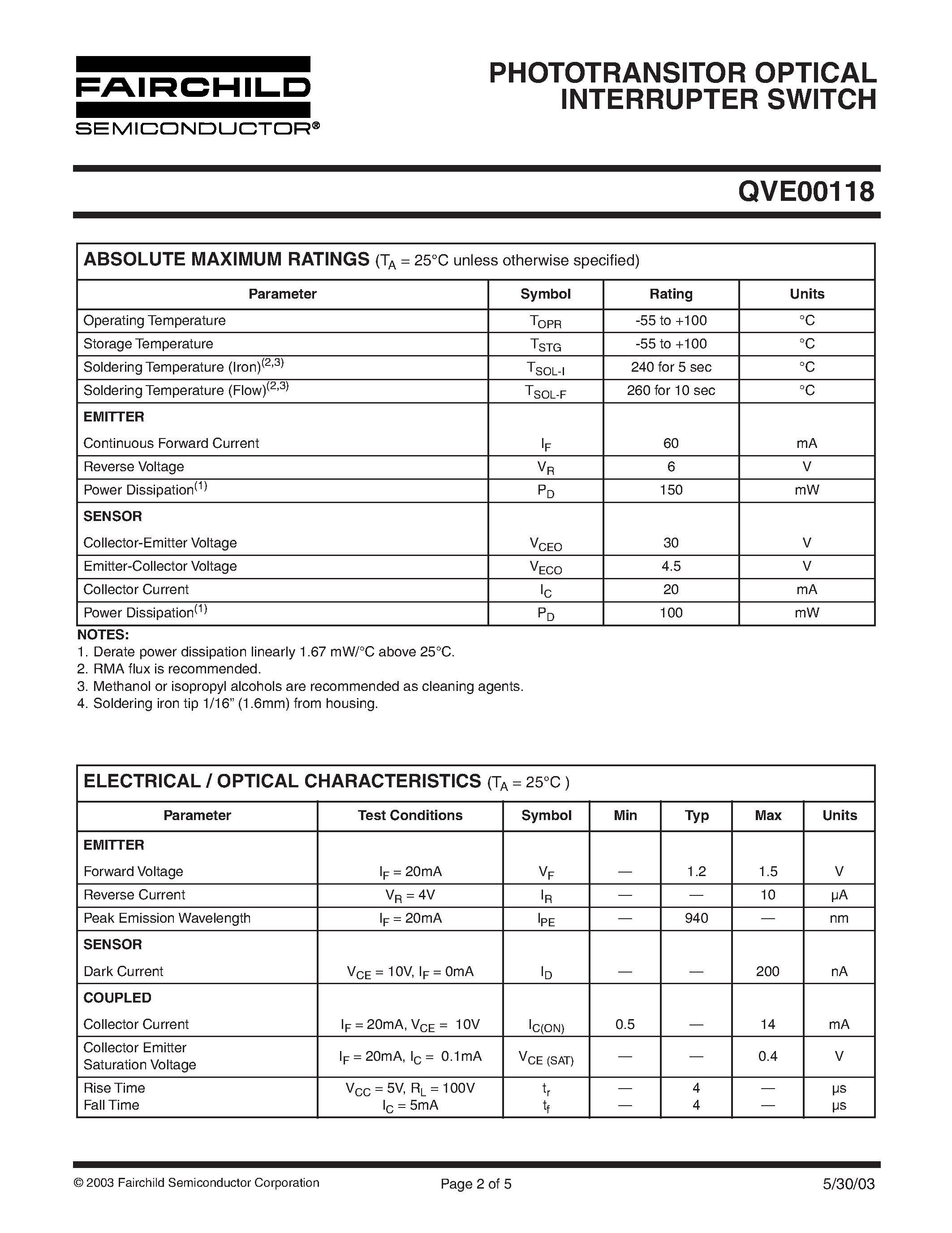 Datasheet QVE00118 - PHOTOTRANSITOR OPTICAL INTERRUPTER SWITCH page 2