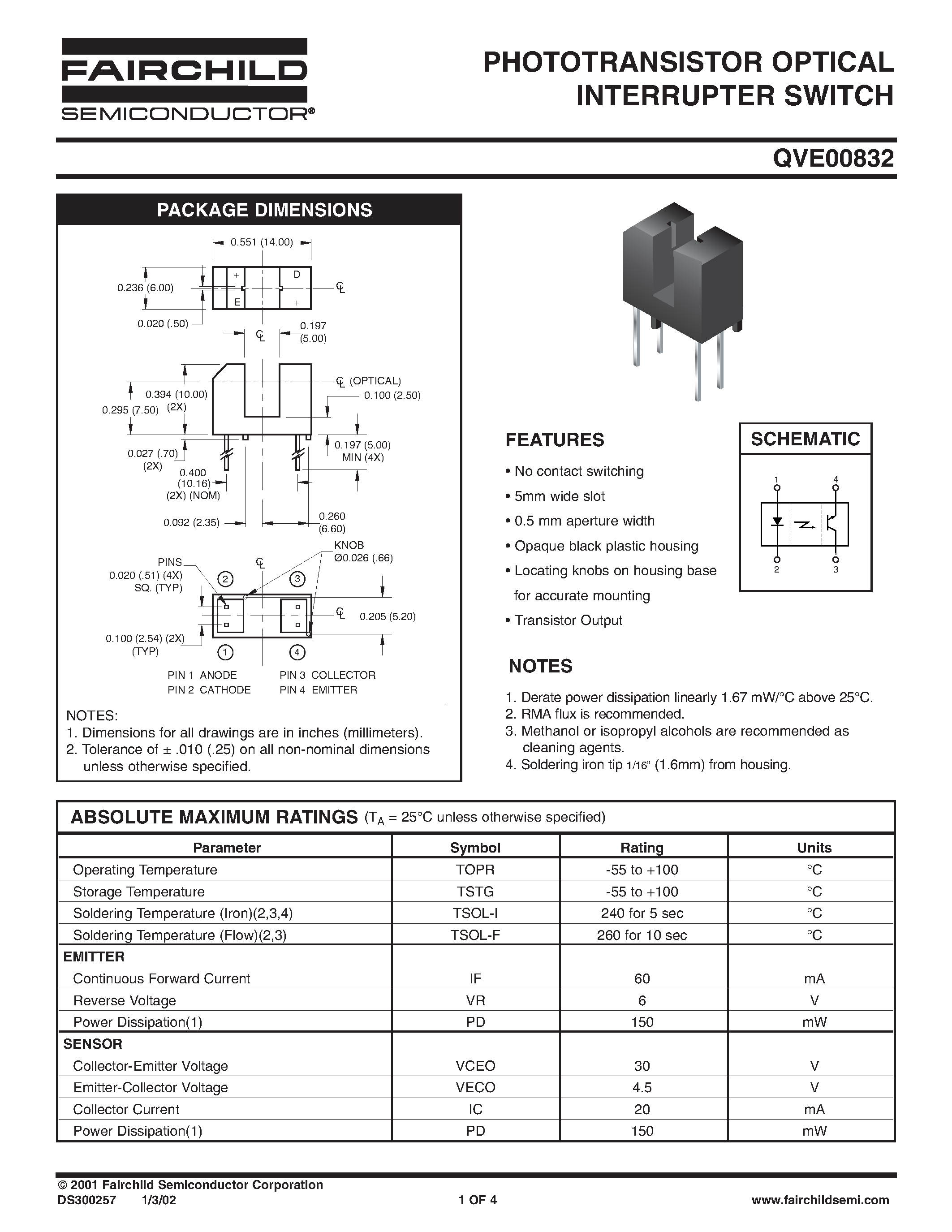 Datasheet QVE00832 - PHOTOTRANSISTOR OPTICAL INTERRUPTER SWITCH page 1