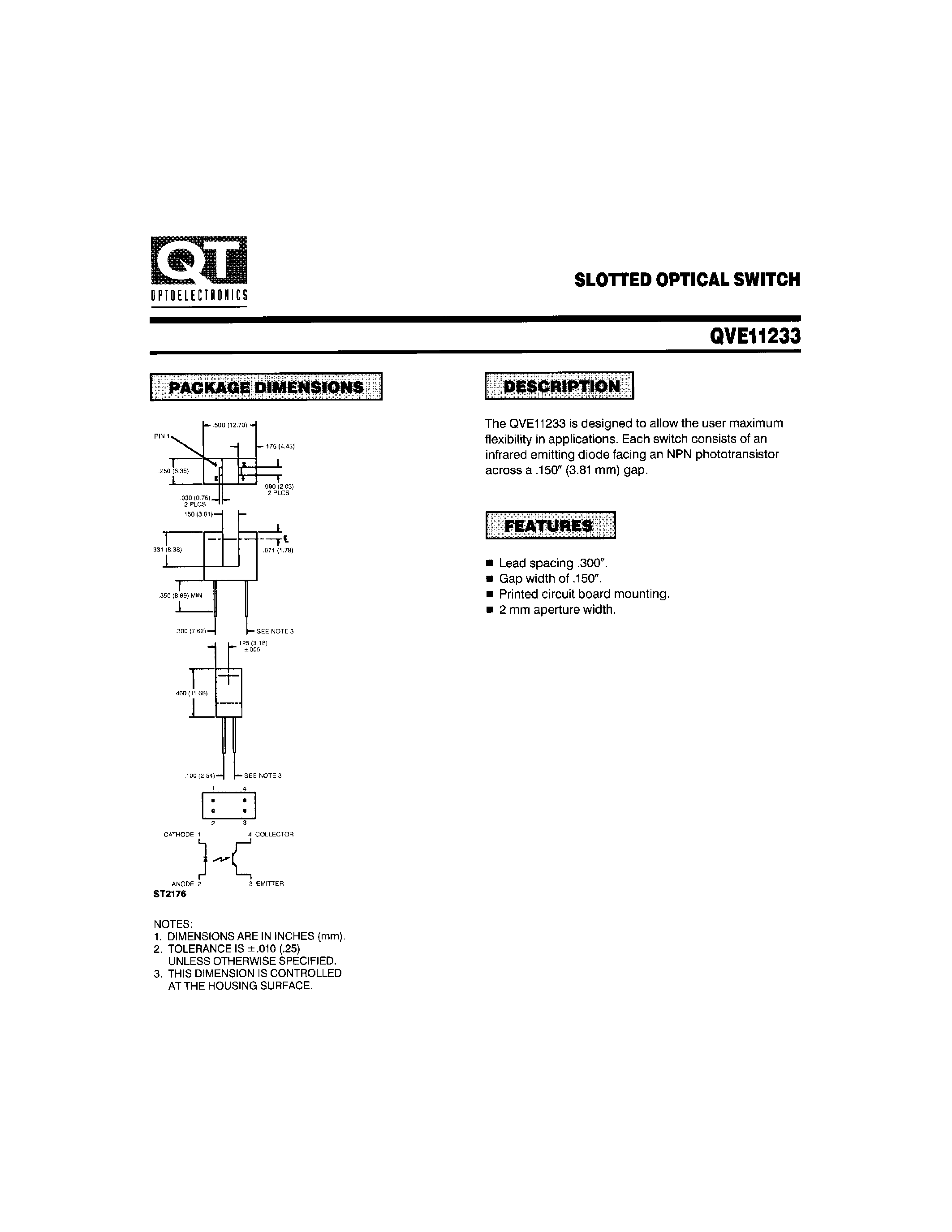 Datasheet QVE11233 - SLOTTED OPTICAL SWITCH page 1
