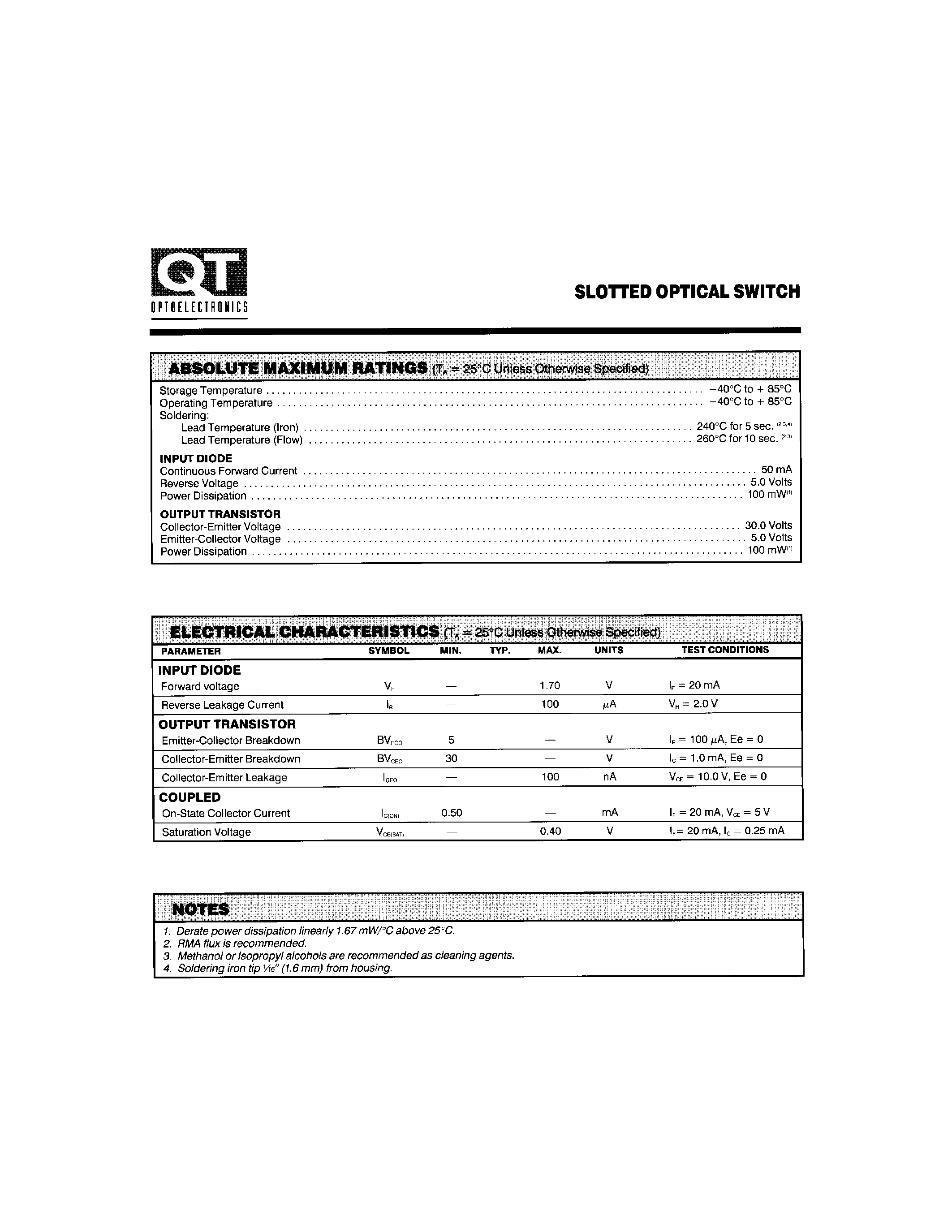 Datasheet QVE11233 - SLOTTED OPTICAL SWITCH page 2