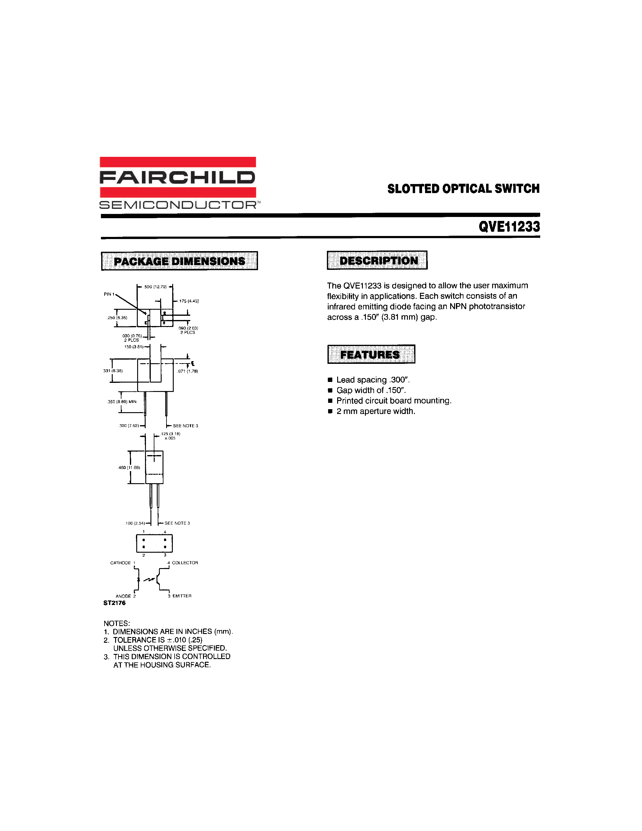 Datasheet QVE11233 - SLOTTED OPTICAL SWITCH page 1
