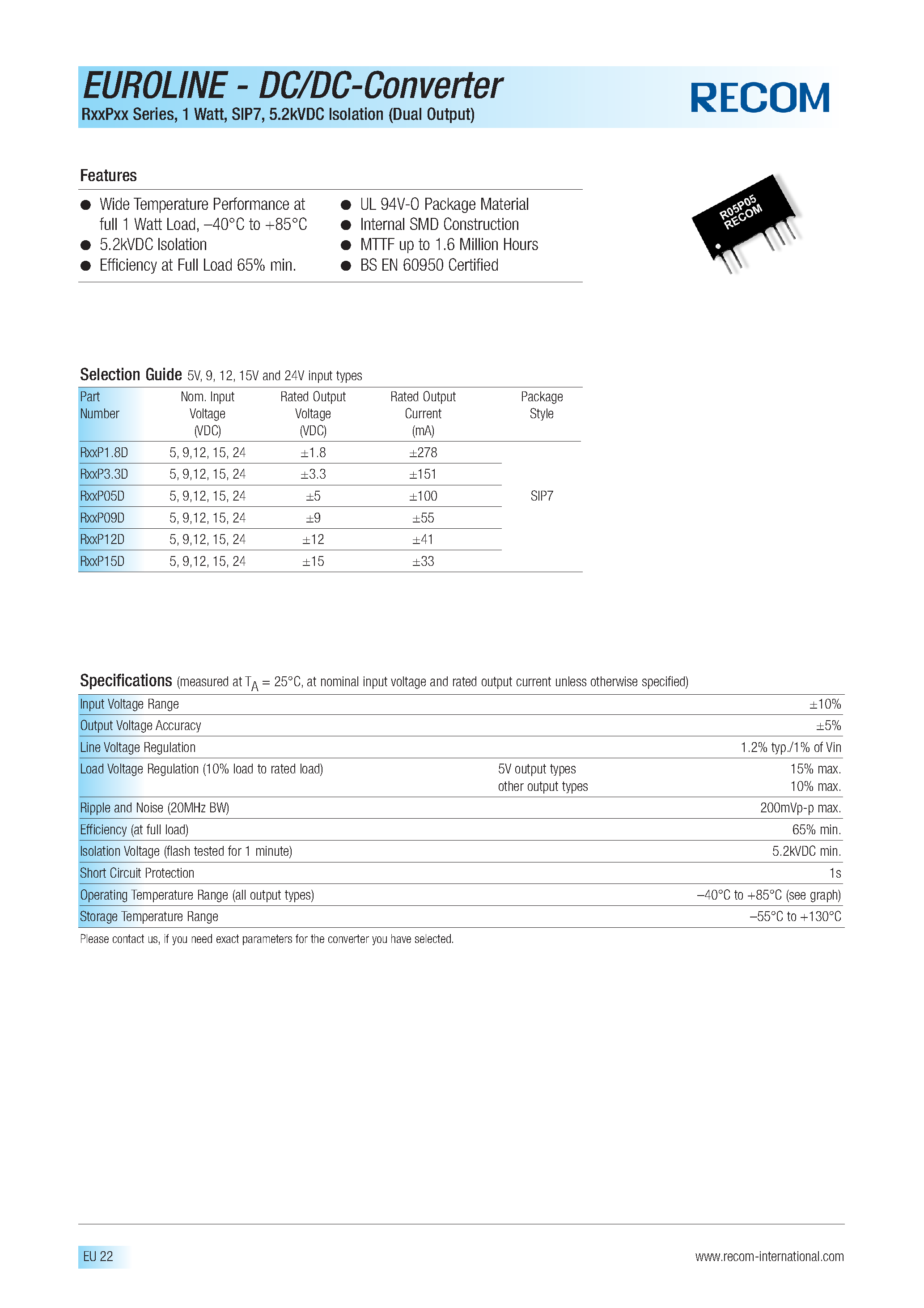 Datasheet R051.8D - EUROLINE - DC/DC - CONVERTER page 1