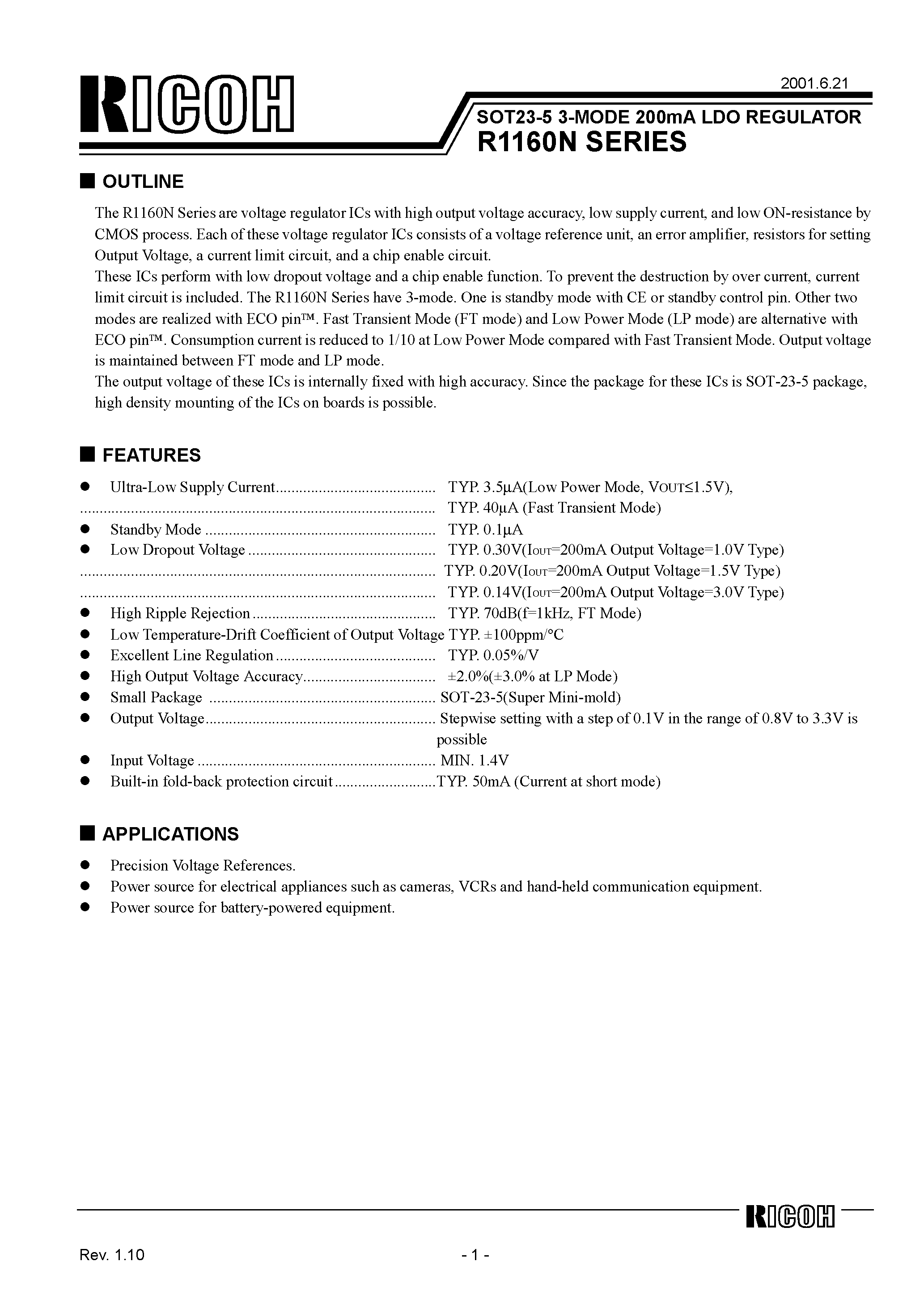Datasheet R1160N261B - SOT23-5 3-MODE 200mA LDO REGULATOR page 1