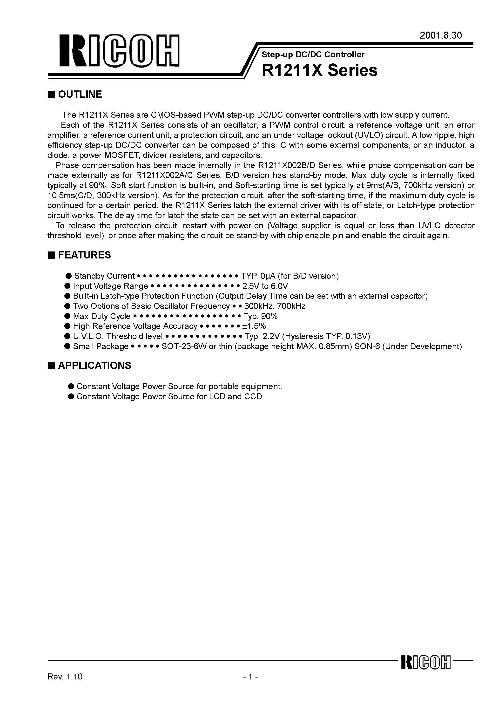 Datasheet R1211N002D page 1 Datasheet R1211N002D - Step-up DC/DC Controller page 1
