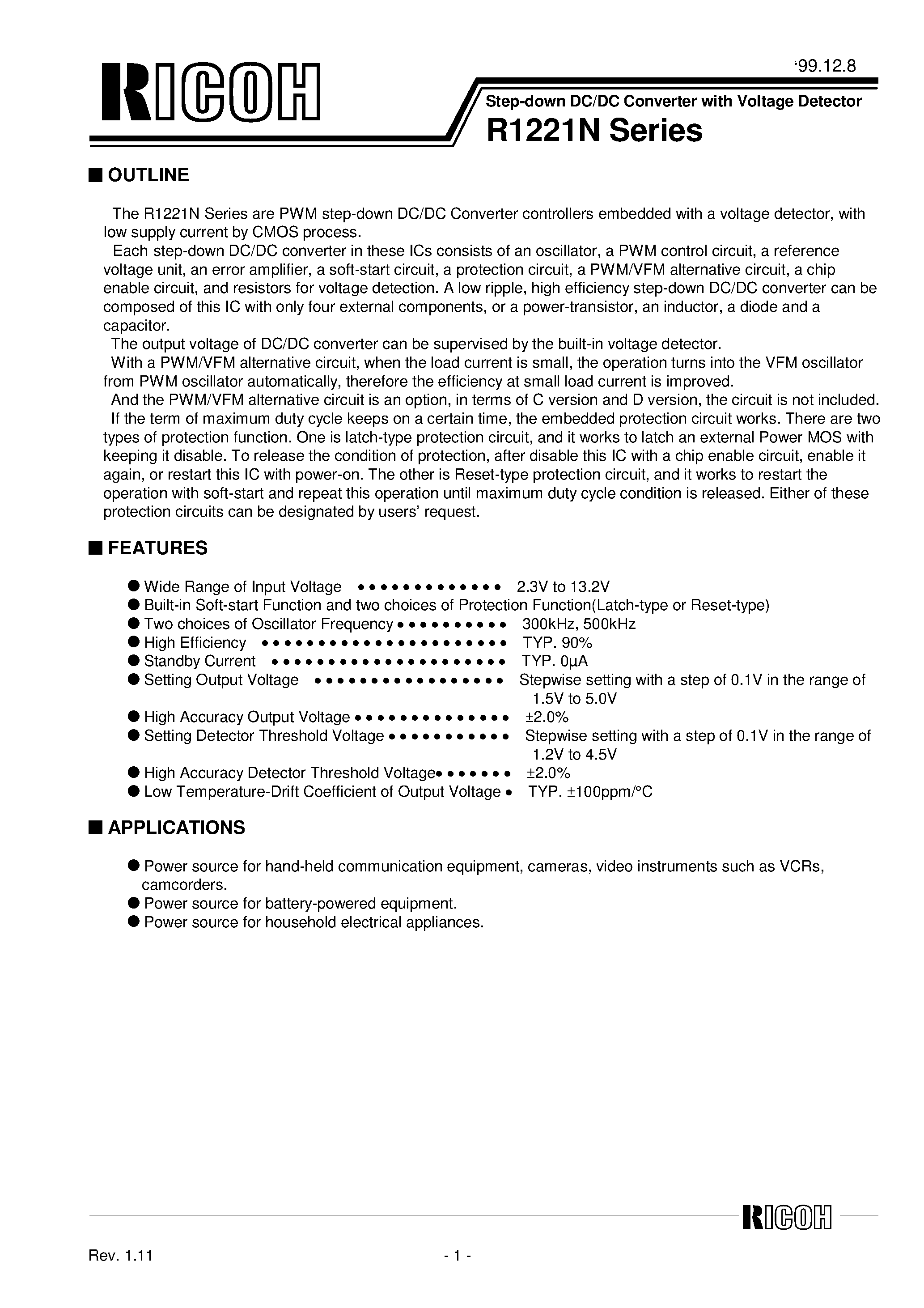 Datasheet R1221N15AE-TR - Step-down DC/DC Converter with Voltage Detector page 1